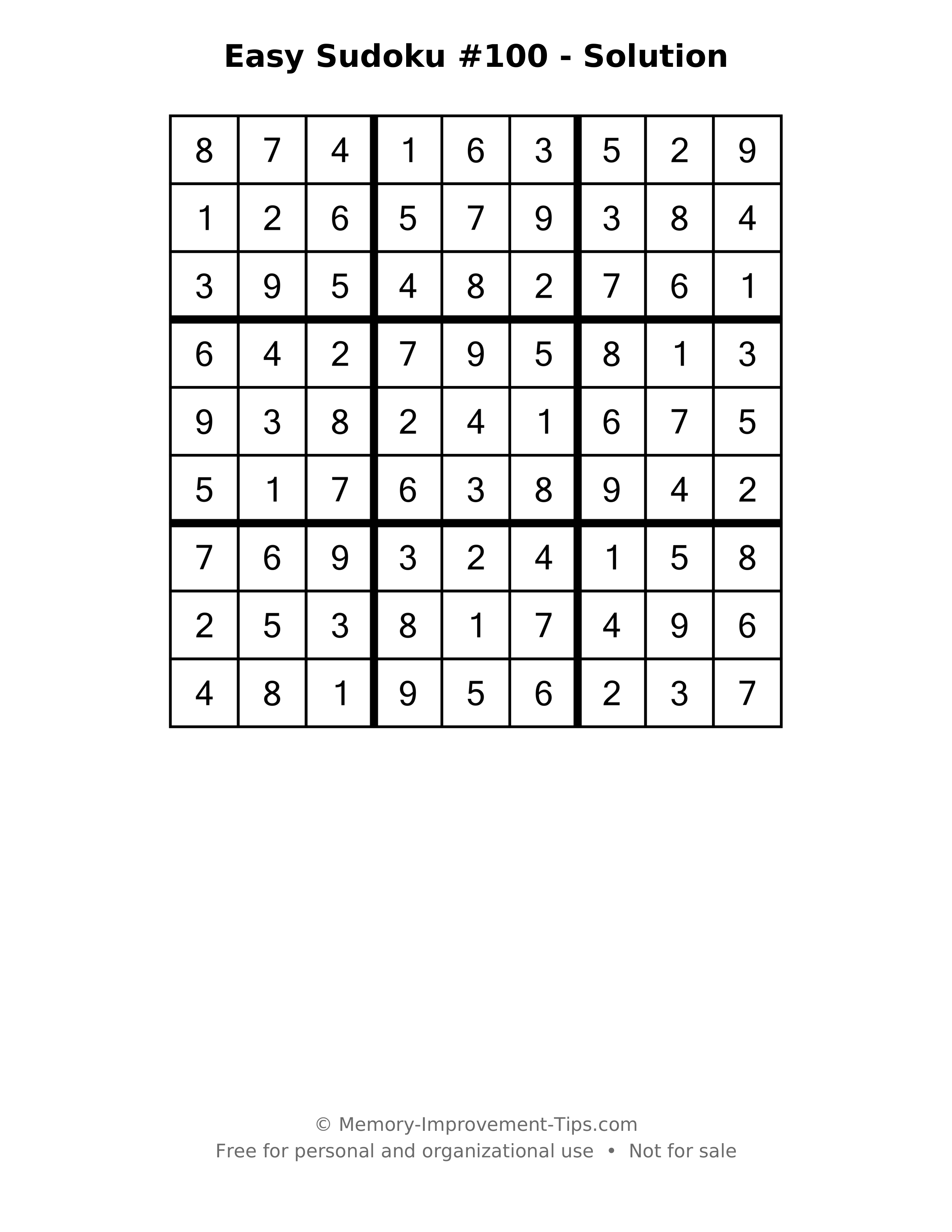 Printable solution: Easy Sudoku #100 - Solution