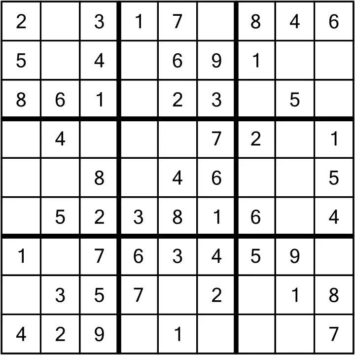 Starting grid for Easy Sudoku 001. The first row reads 2, blank, 3, 1, 7, blank, 8, 4, 6.