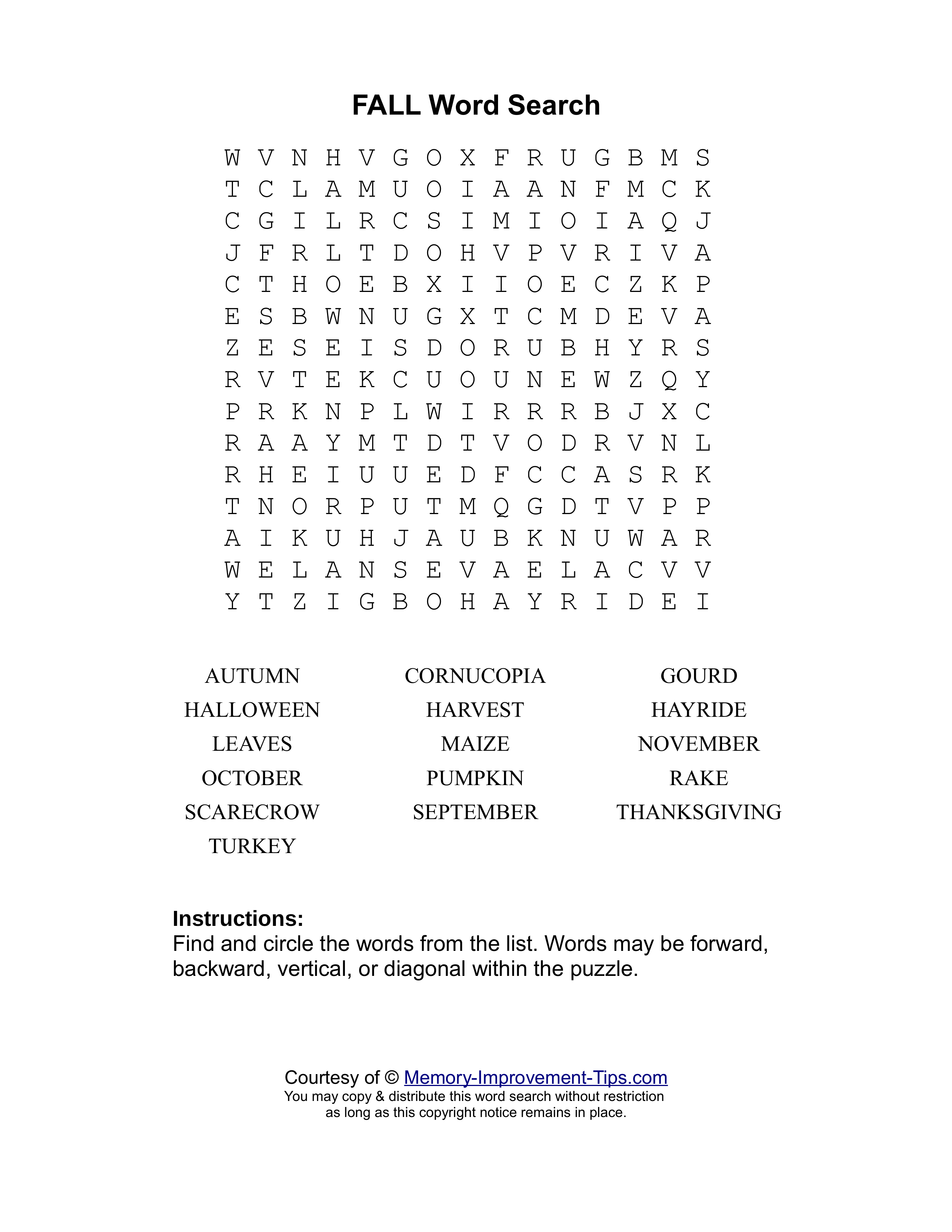 Fall Season word search printable puzzle