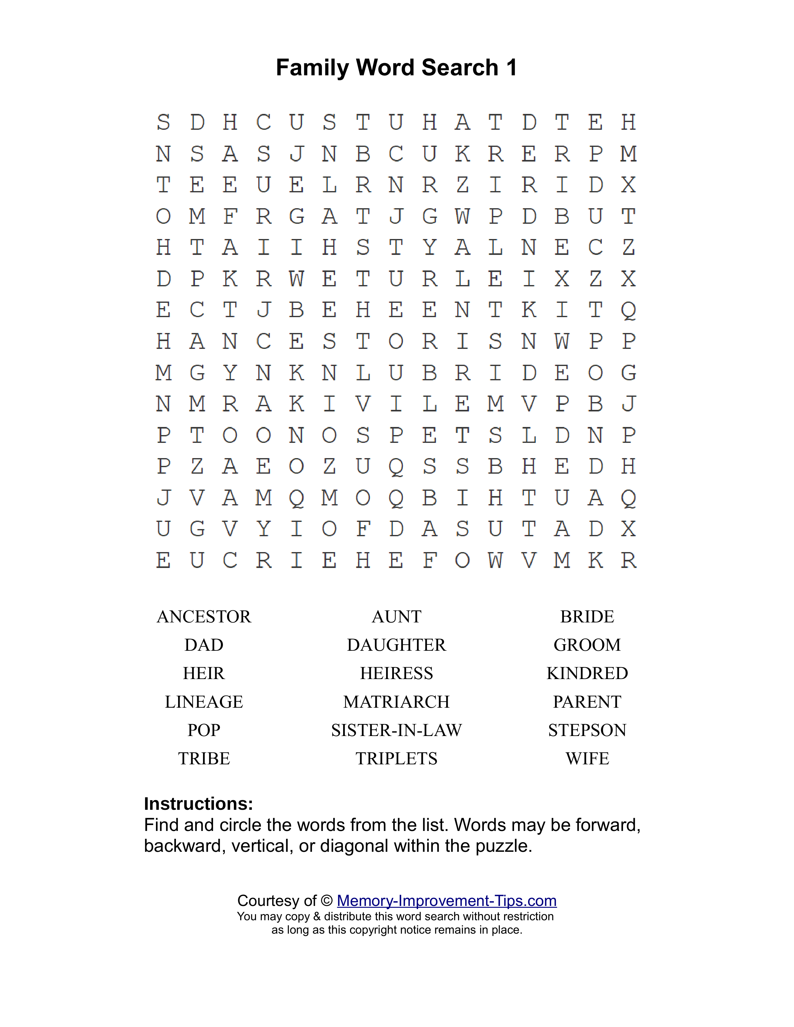Family 1 word search printable puzzle