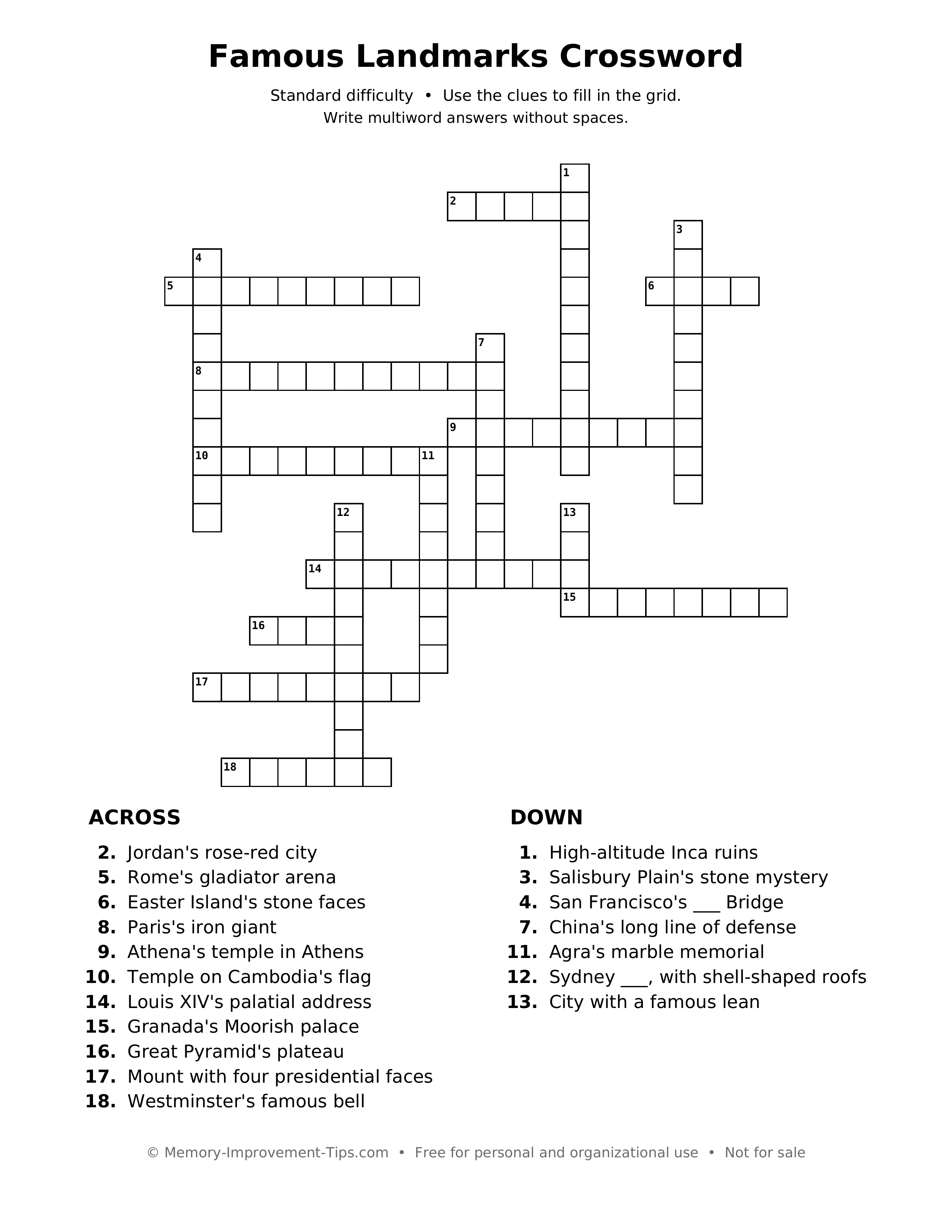 Printable puzzle: Famous Landmarks Crossword