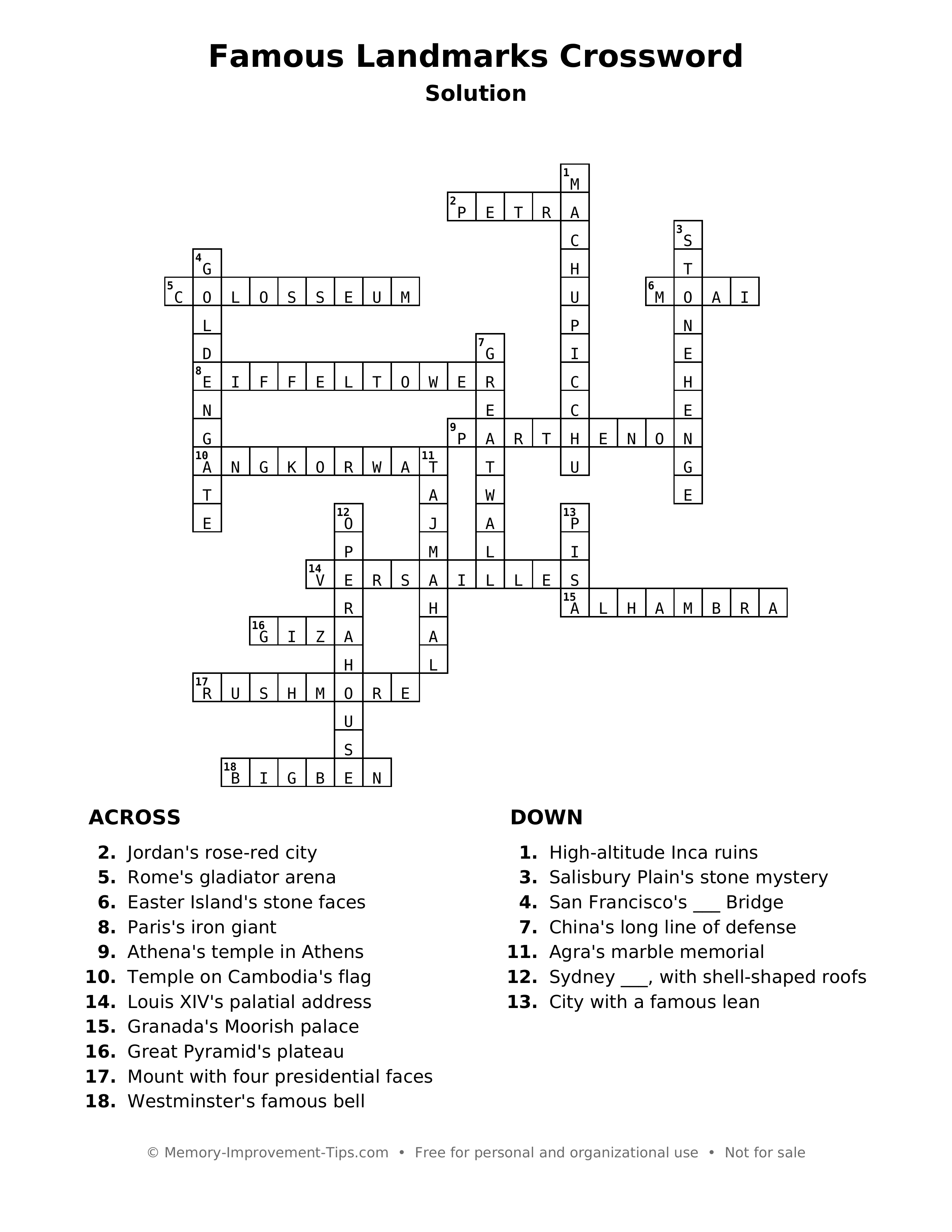 Answer key: Famous Landmarks Crossword