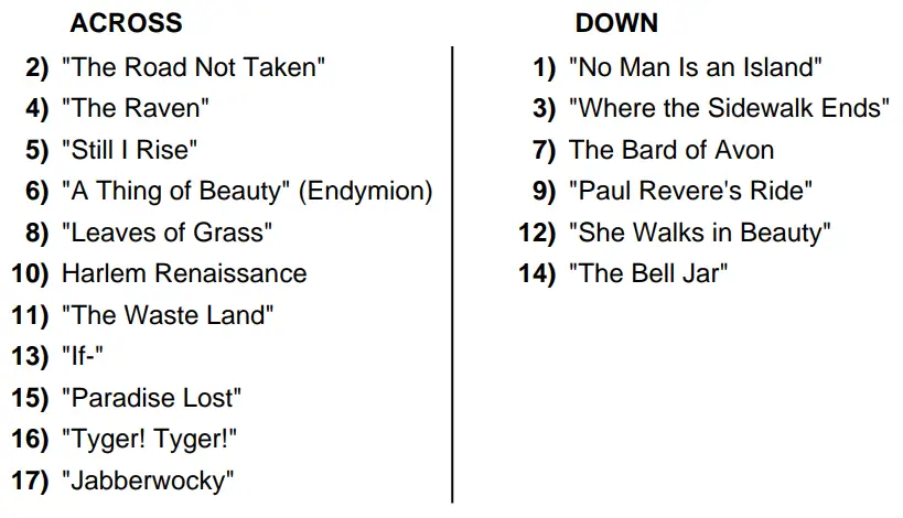 Famous Poets Crossword Puzzle Clues