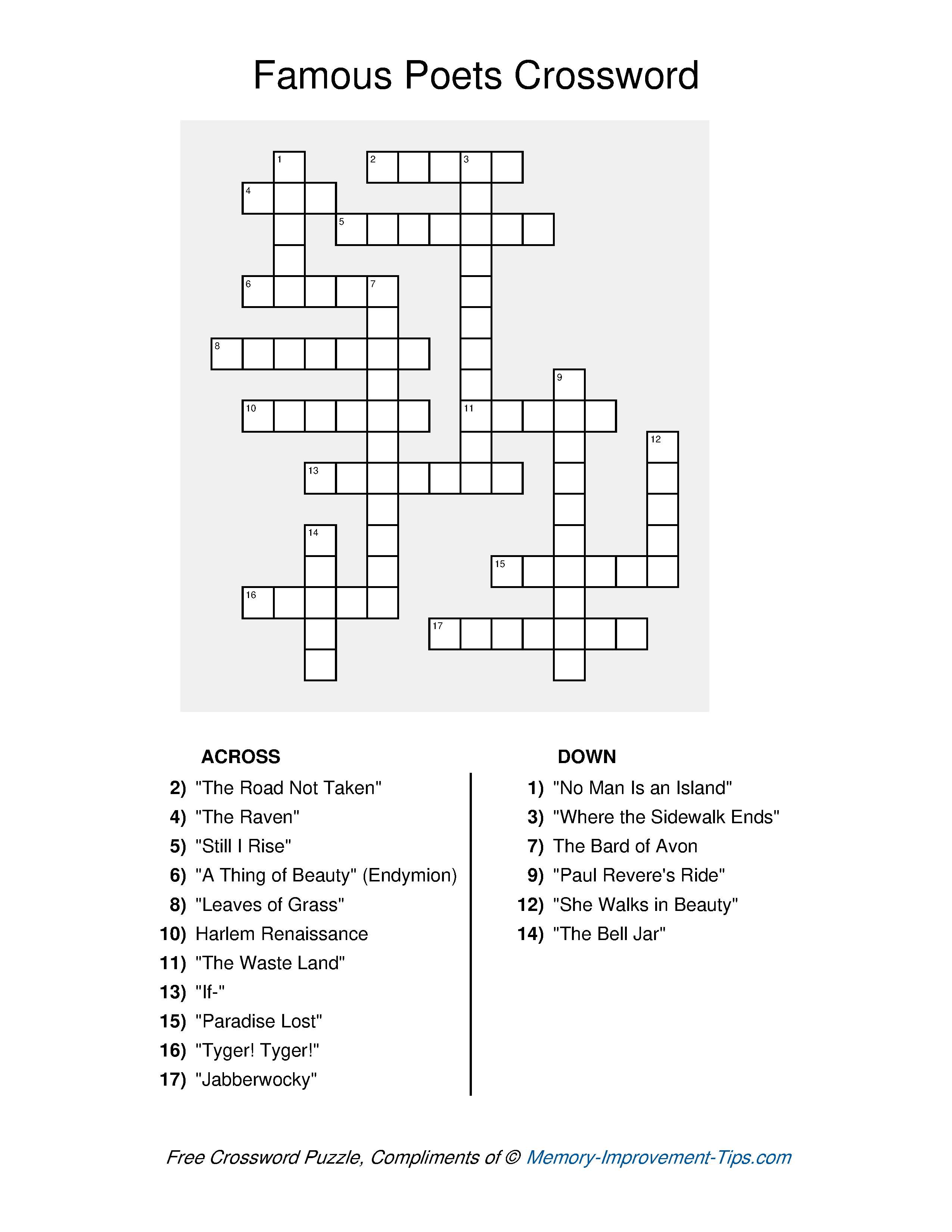 Free printable Famous Poets Crossword Puzzle with clues