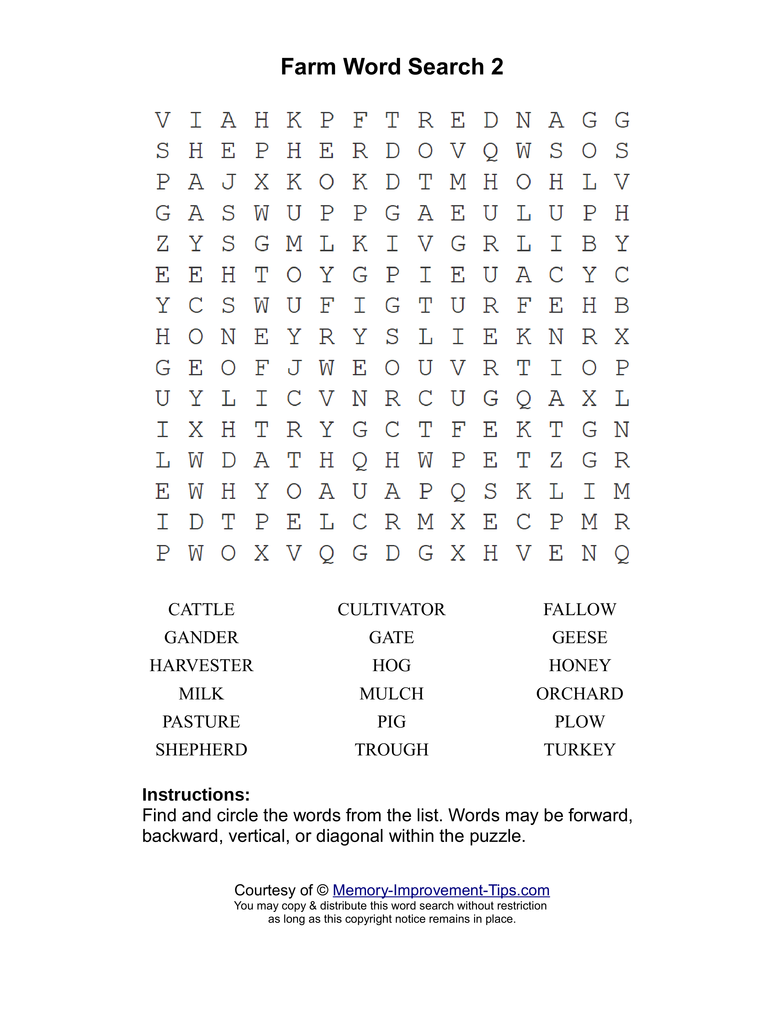 Farm 2 word search printable puzzle