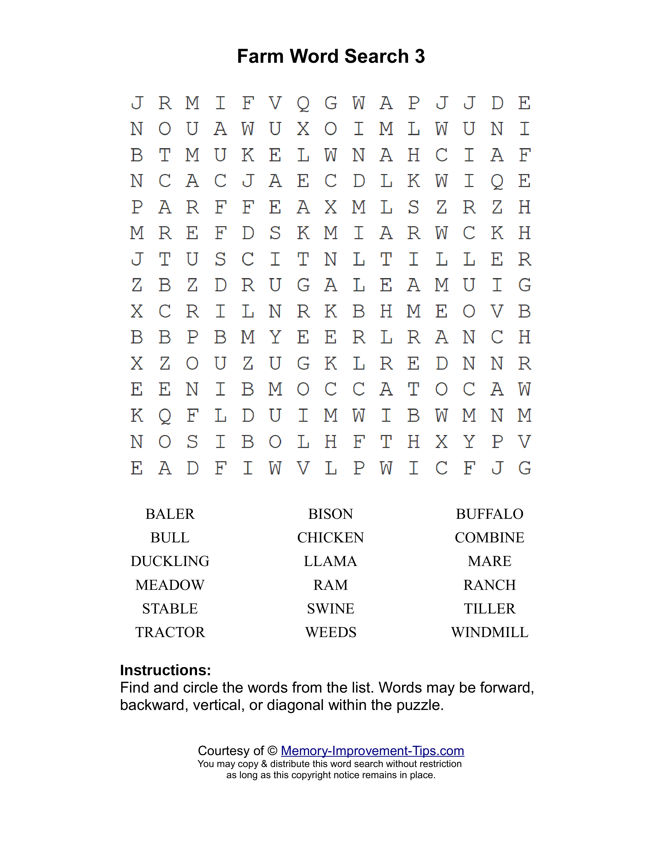 Farm 3 word search printable puzzle