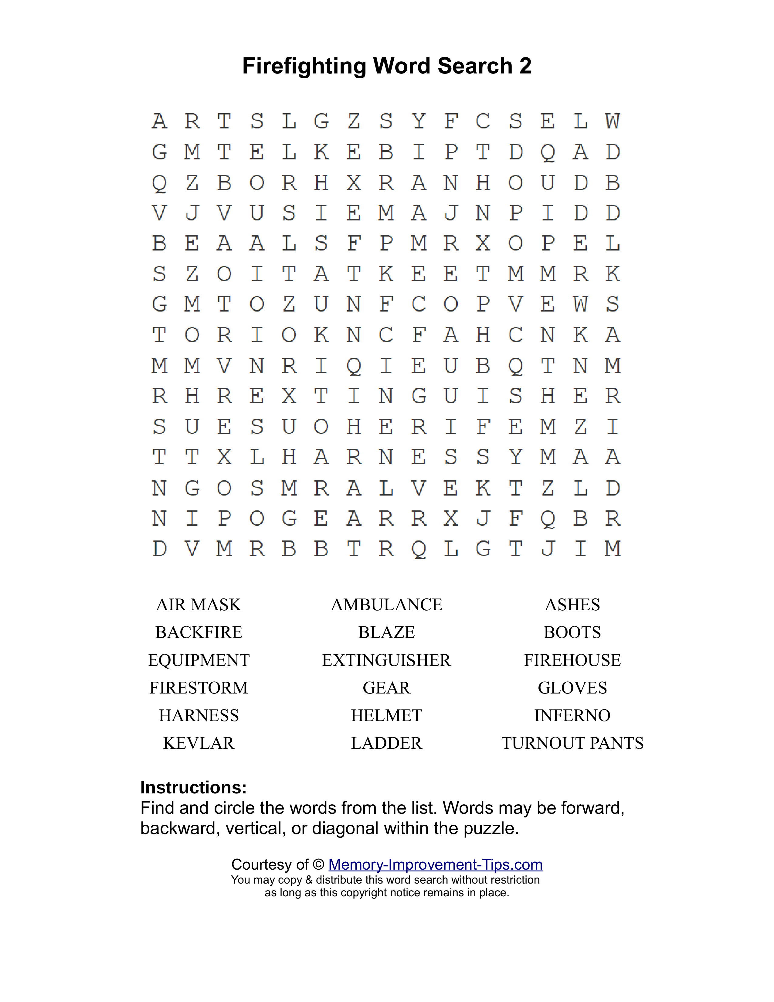 Firefighting 2 word search printable puzzle