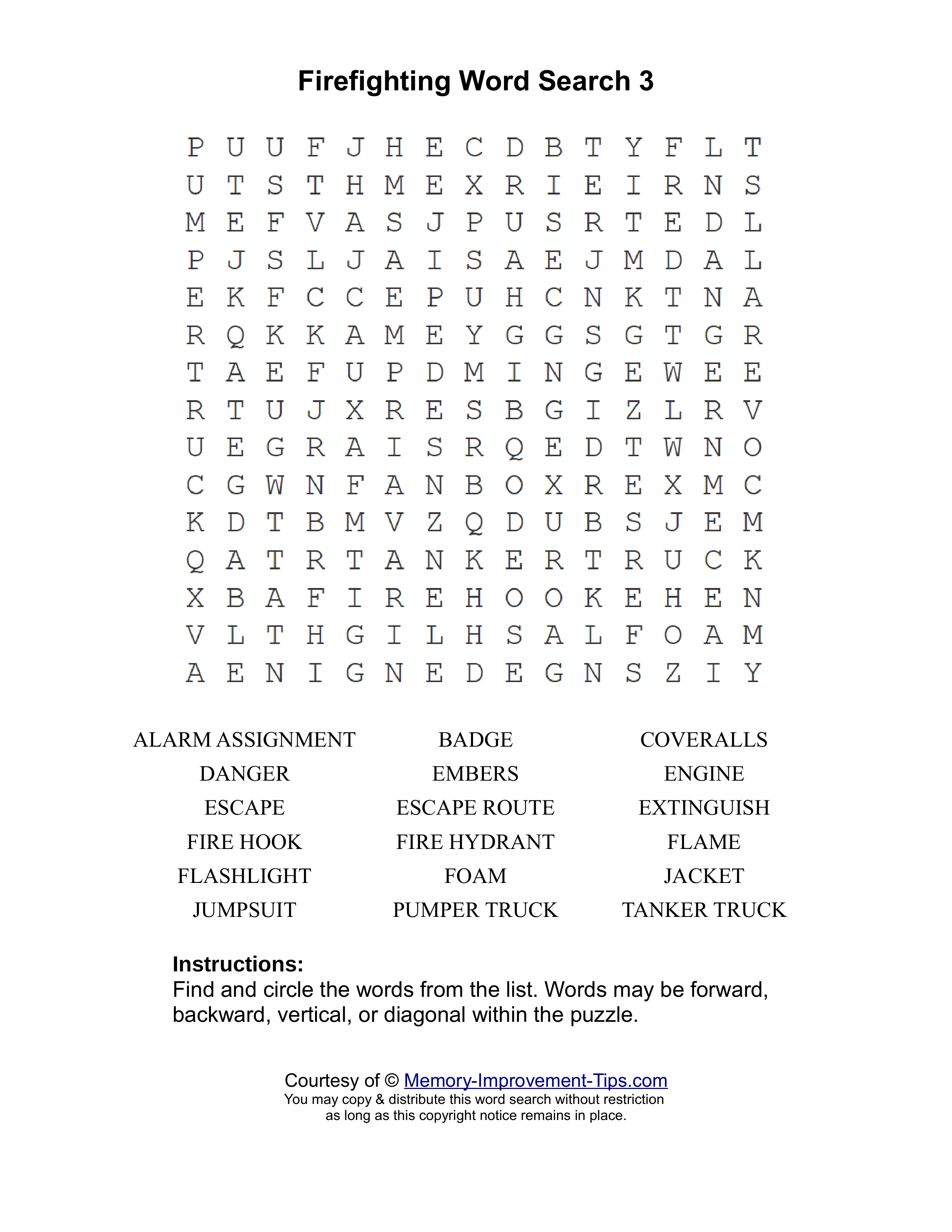 Firefighting 3 word search printable puzzle