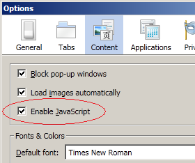Firefox options - enable javascript