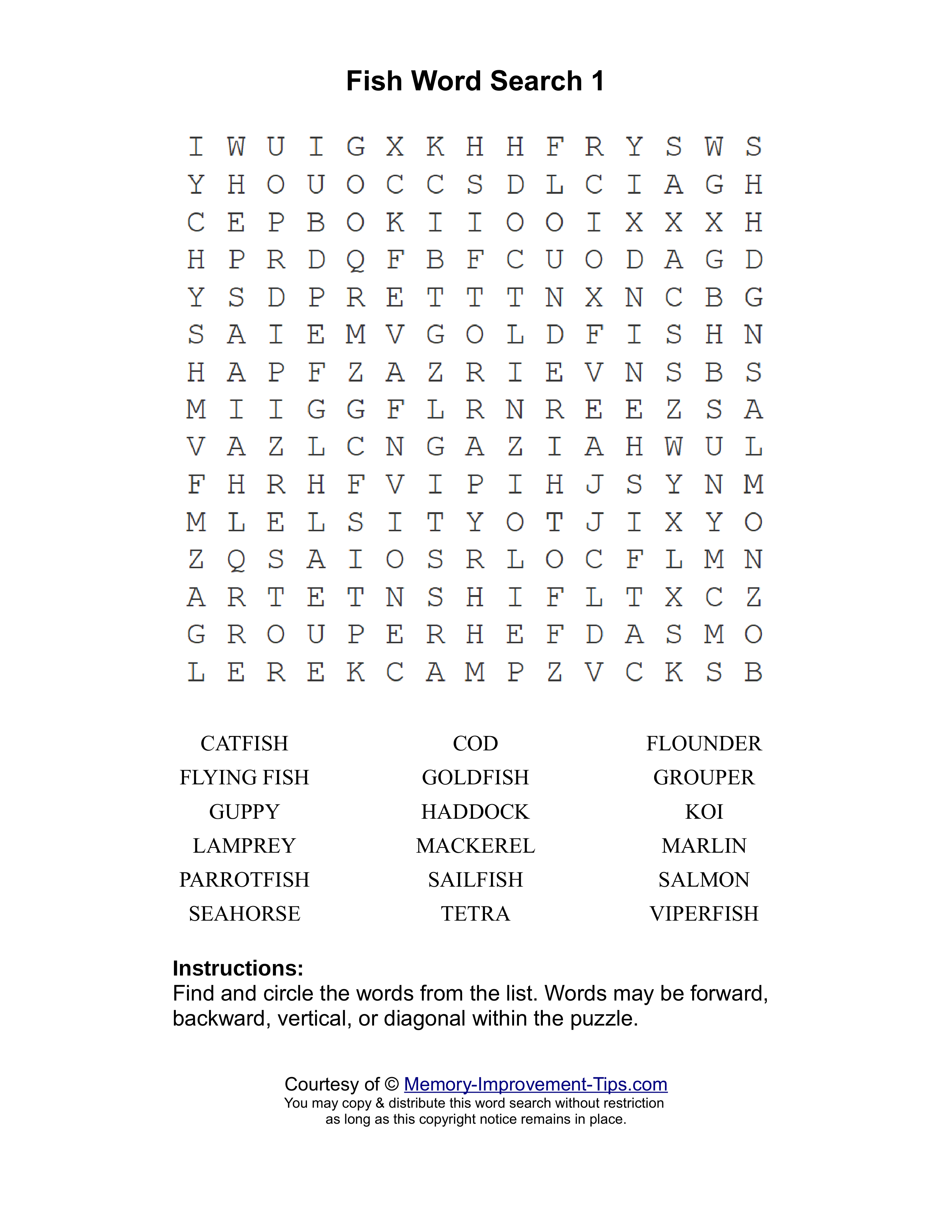 Fish 1 word search printable puzzle