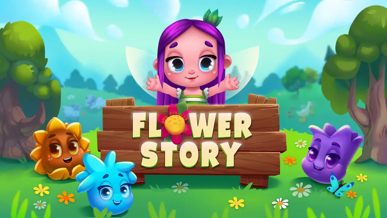 The Flower Fairy and colorful flower characters in Flower Story Match