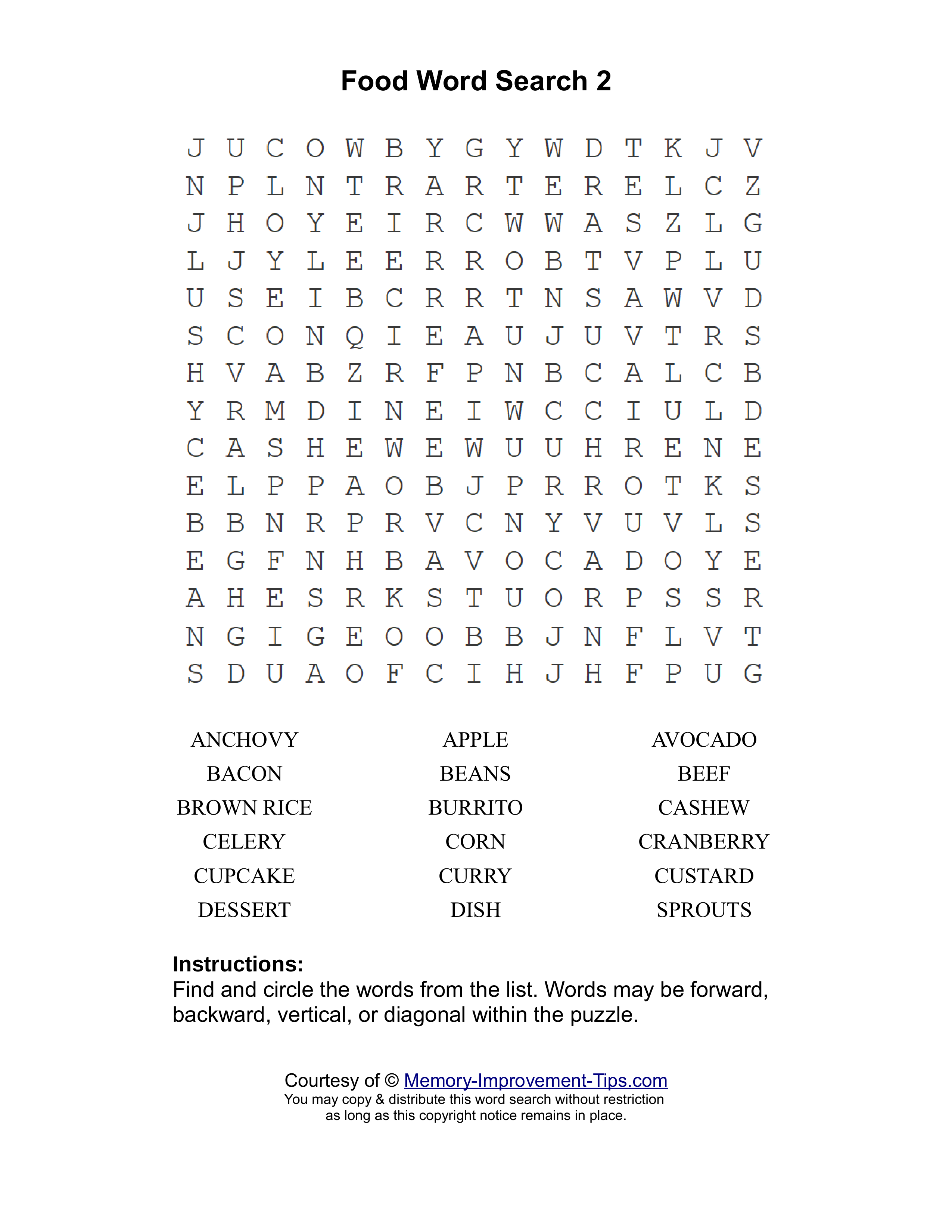 Food 2 word search printable puzzle