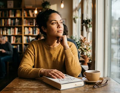 Person closing a book and pausing to recall what they just read