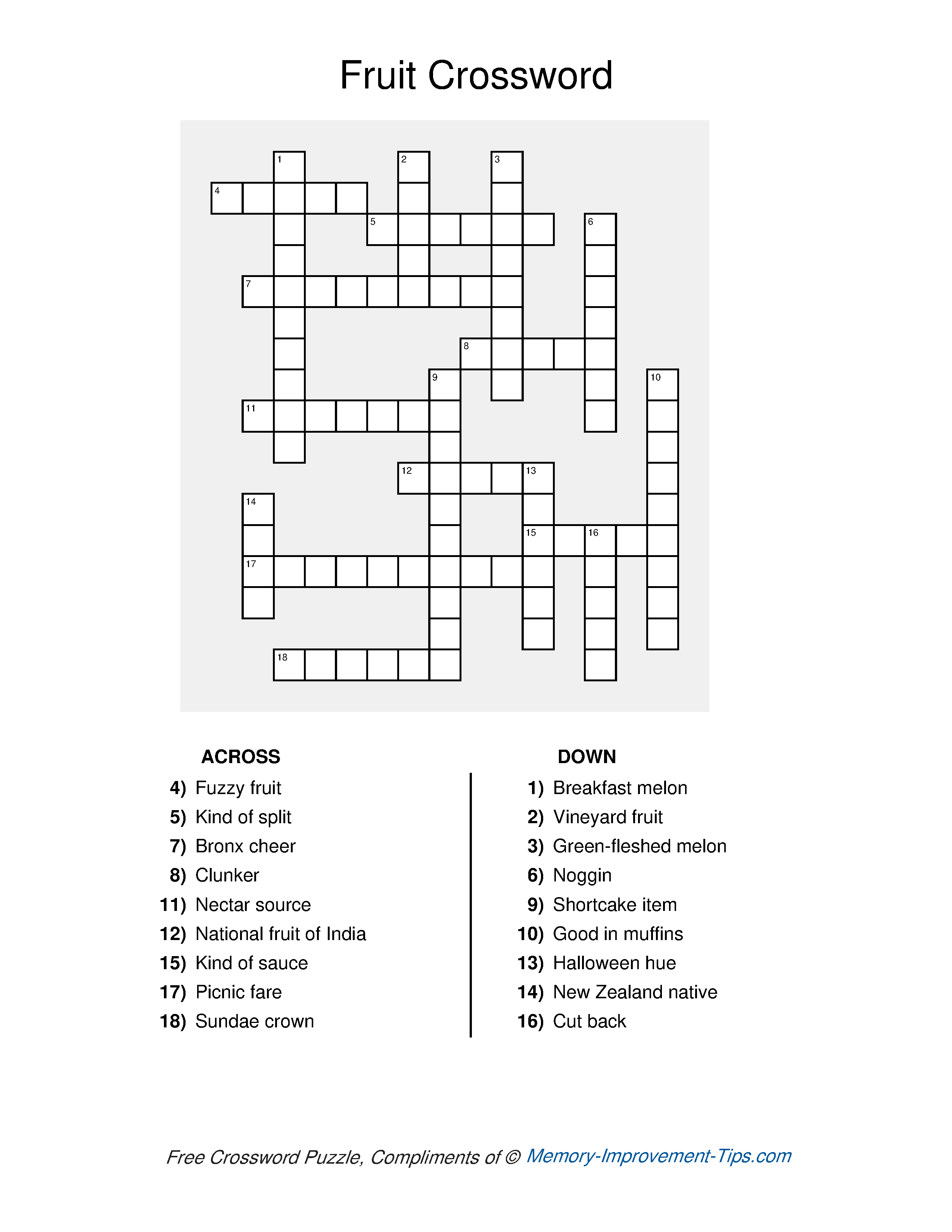 Free printable Fruit Crossword Puzzle with clues
