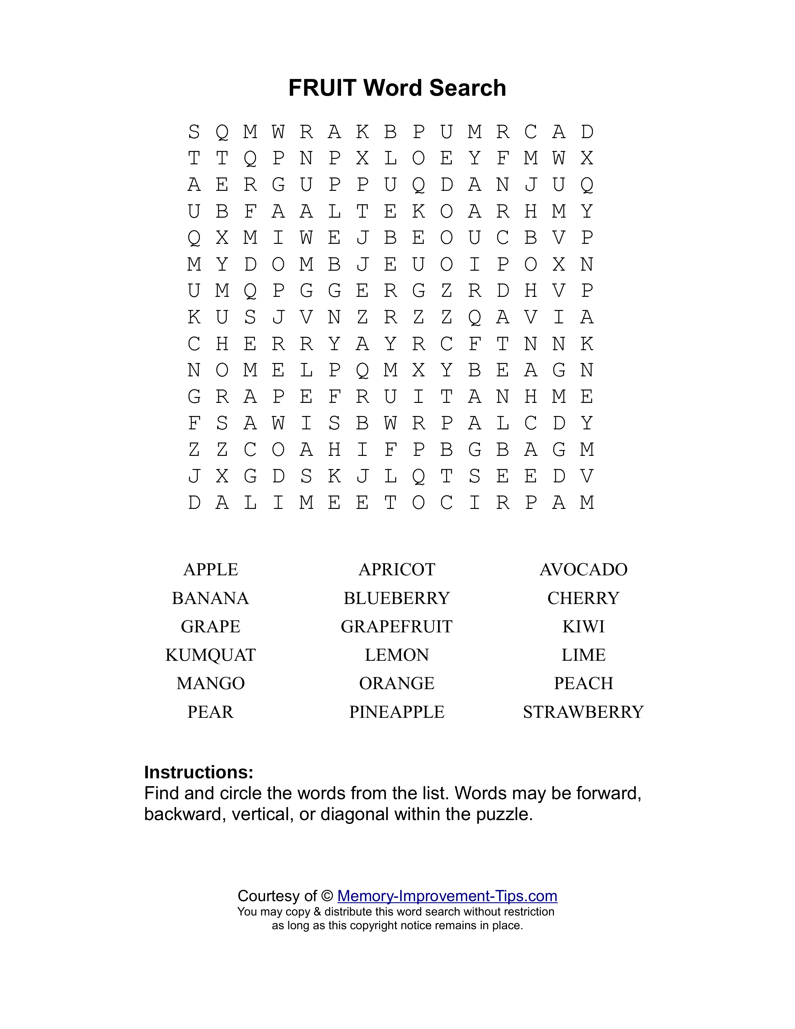 Fruit word search printable puzzle