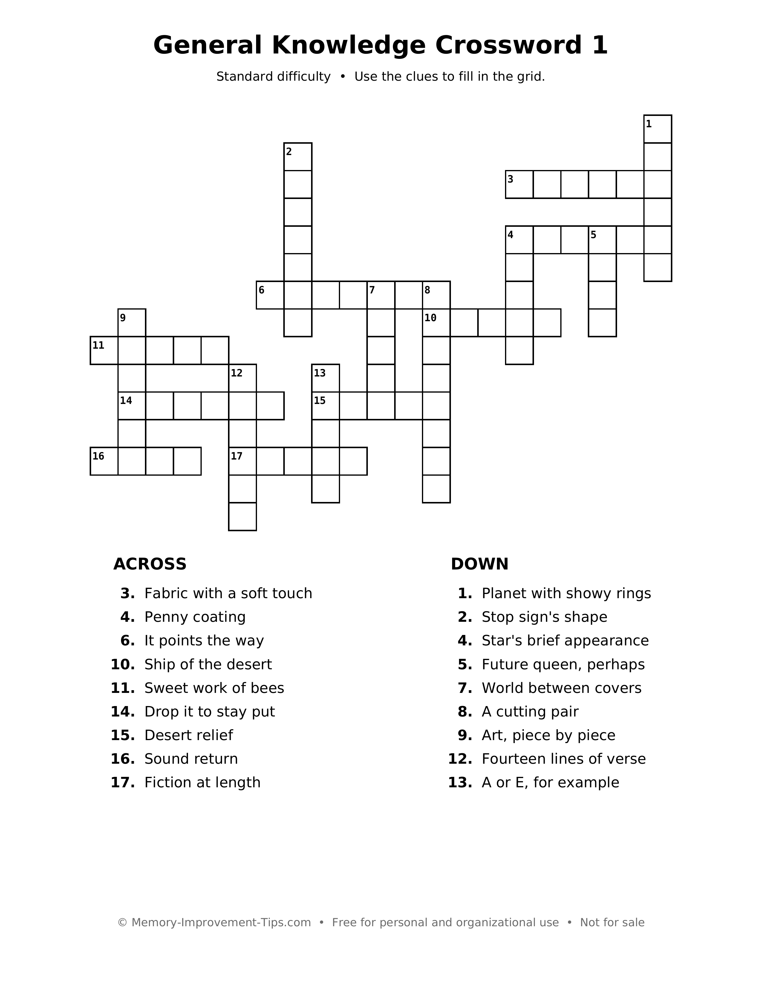 Printable puzzle: General Knowledge Crossword 1