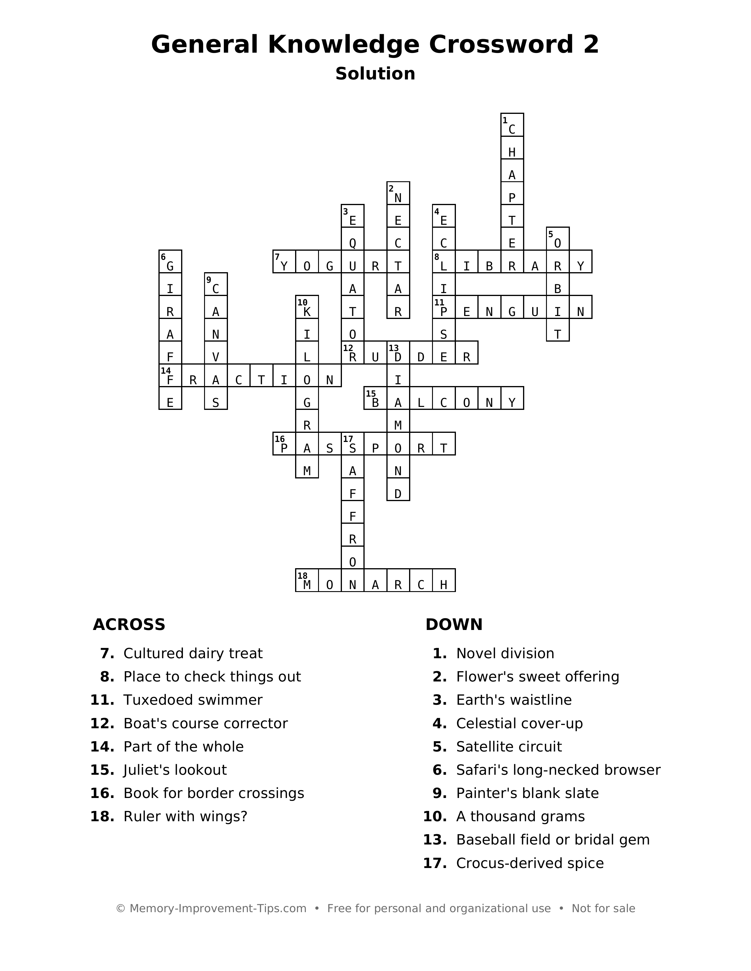 Answer key: General Knowledge Crossword 2