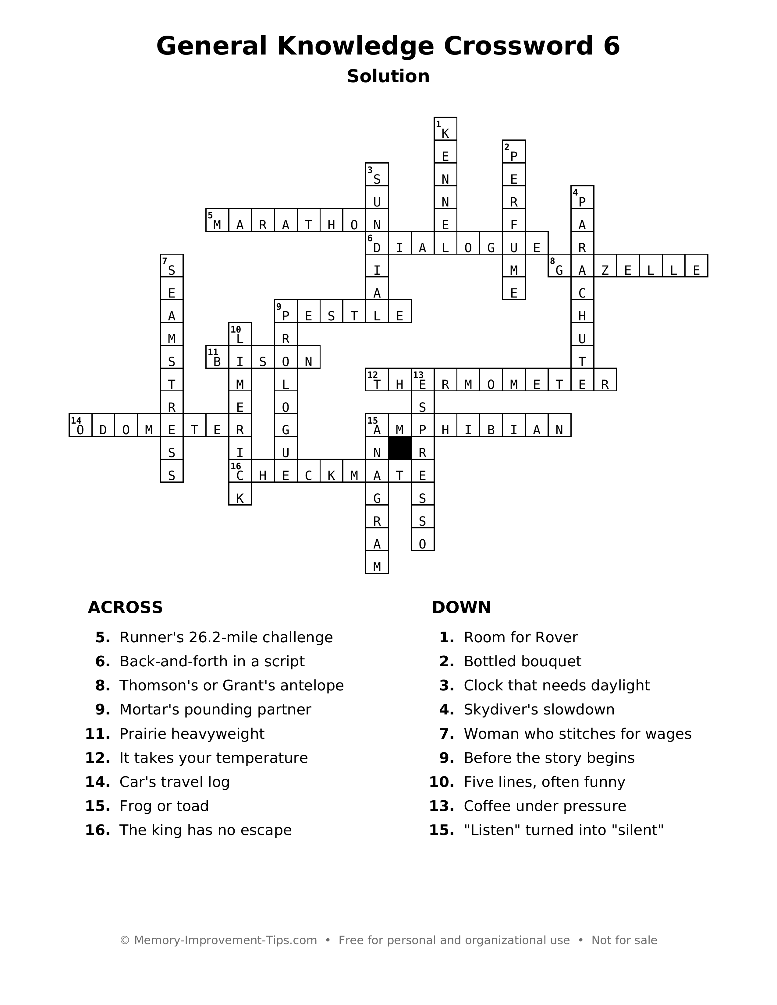 Answer key: General Knowledge Crossword 6