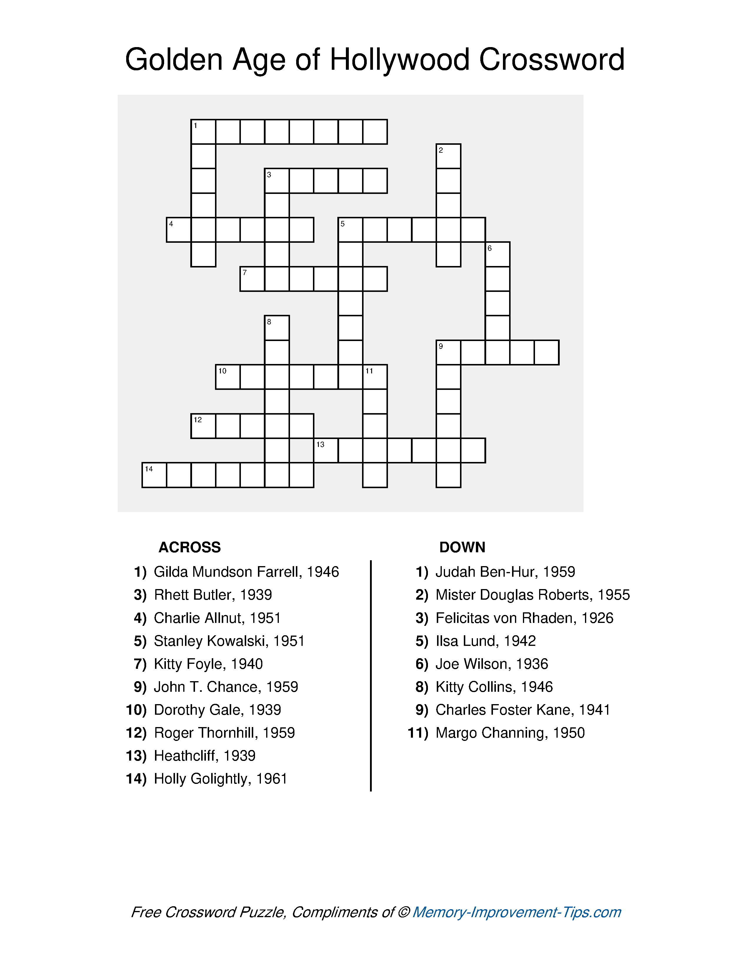 Free printable Golden Age of Hollywood Crossword Puzzle with clues