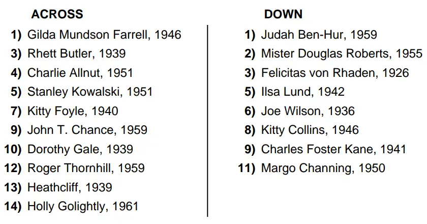 Golden Age of Hollywood Crossword Puzzle Clues