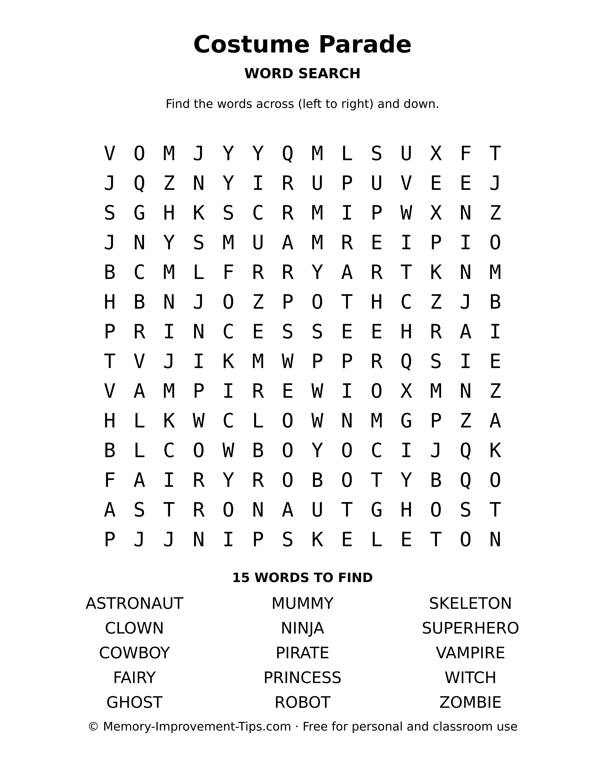 Costume Parade word search printable puzzle