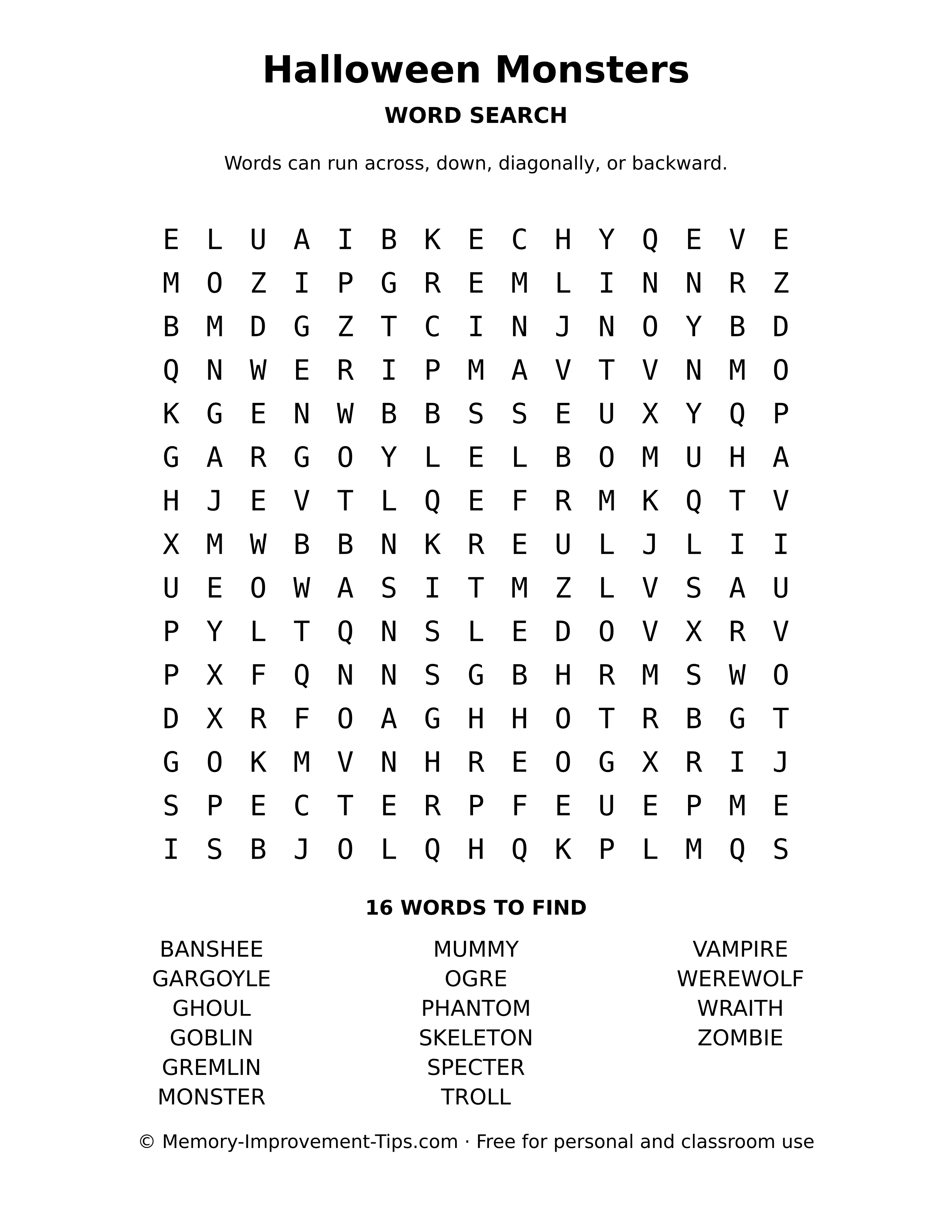 Halloween Monsters word search printable puzzle