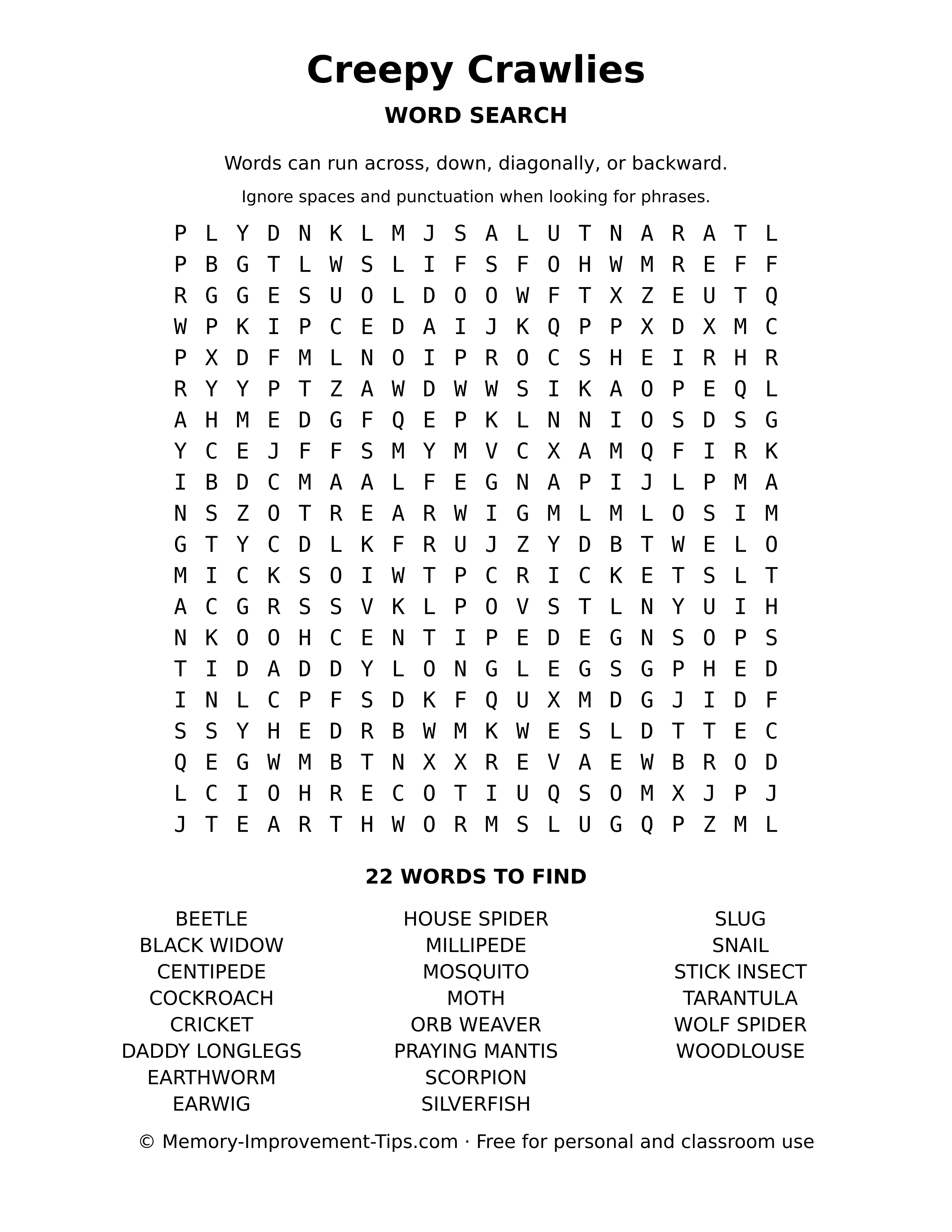 Creepy Crawlies word search printable puzzle