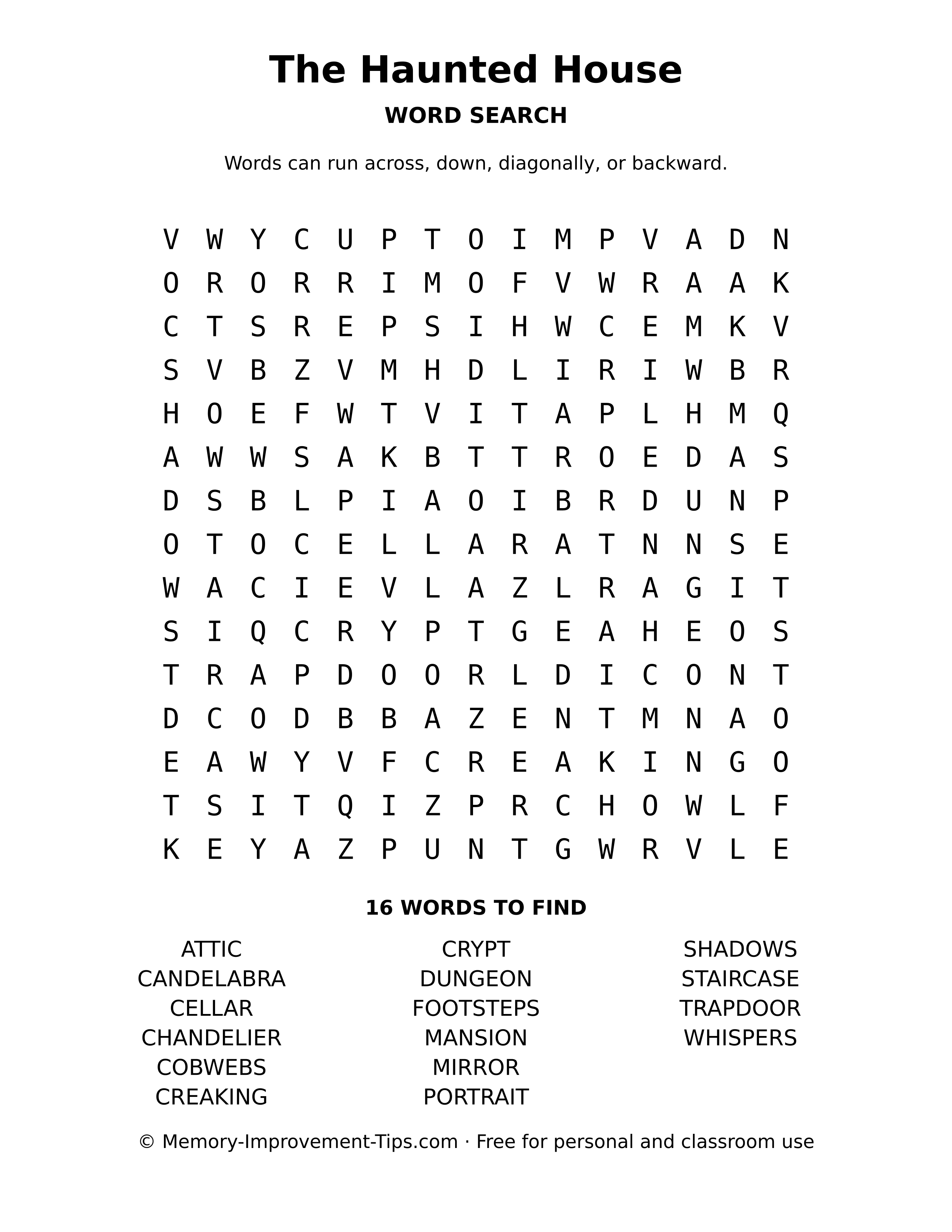 The Haunted House word search printable puzzle
