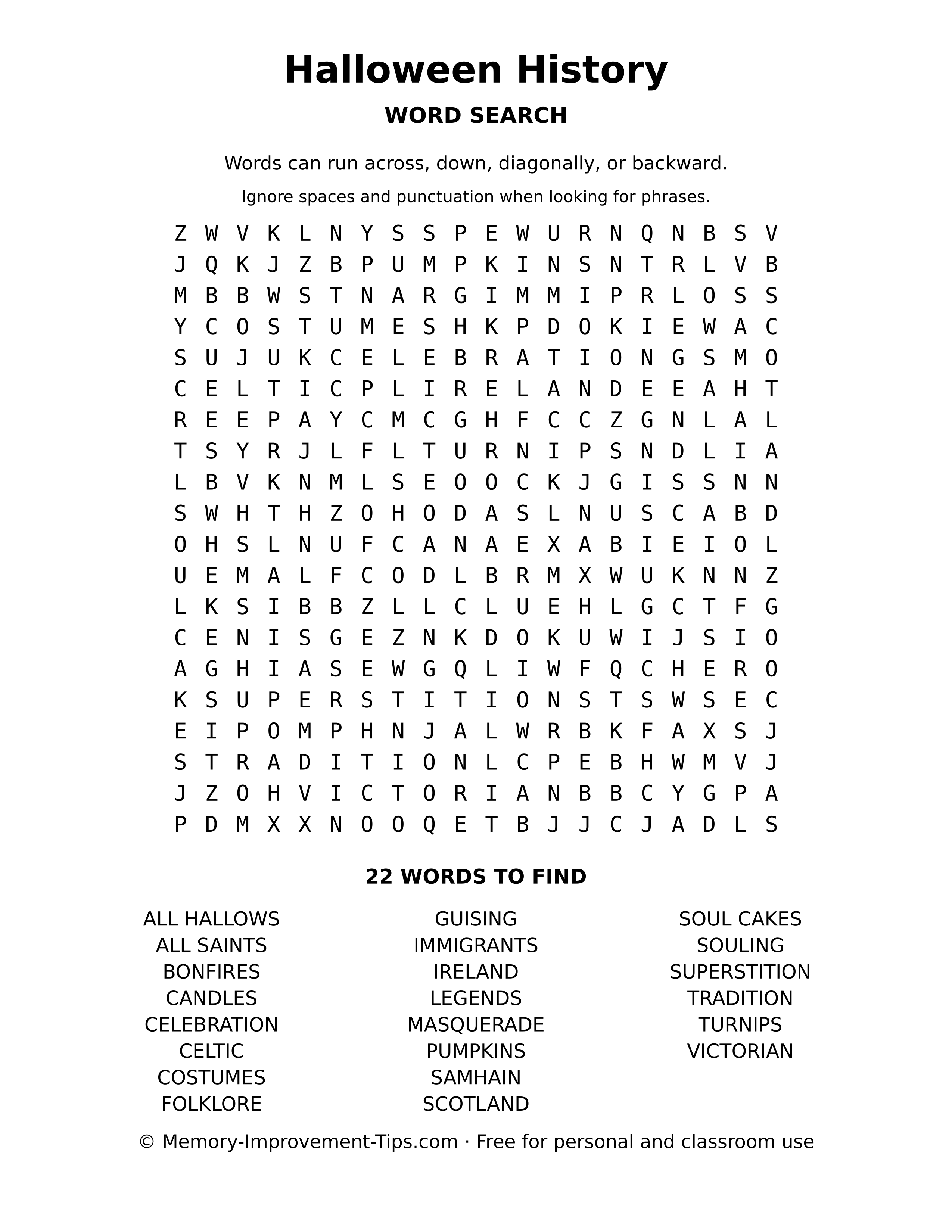 Halloween History word search printable puzzle