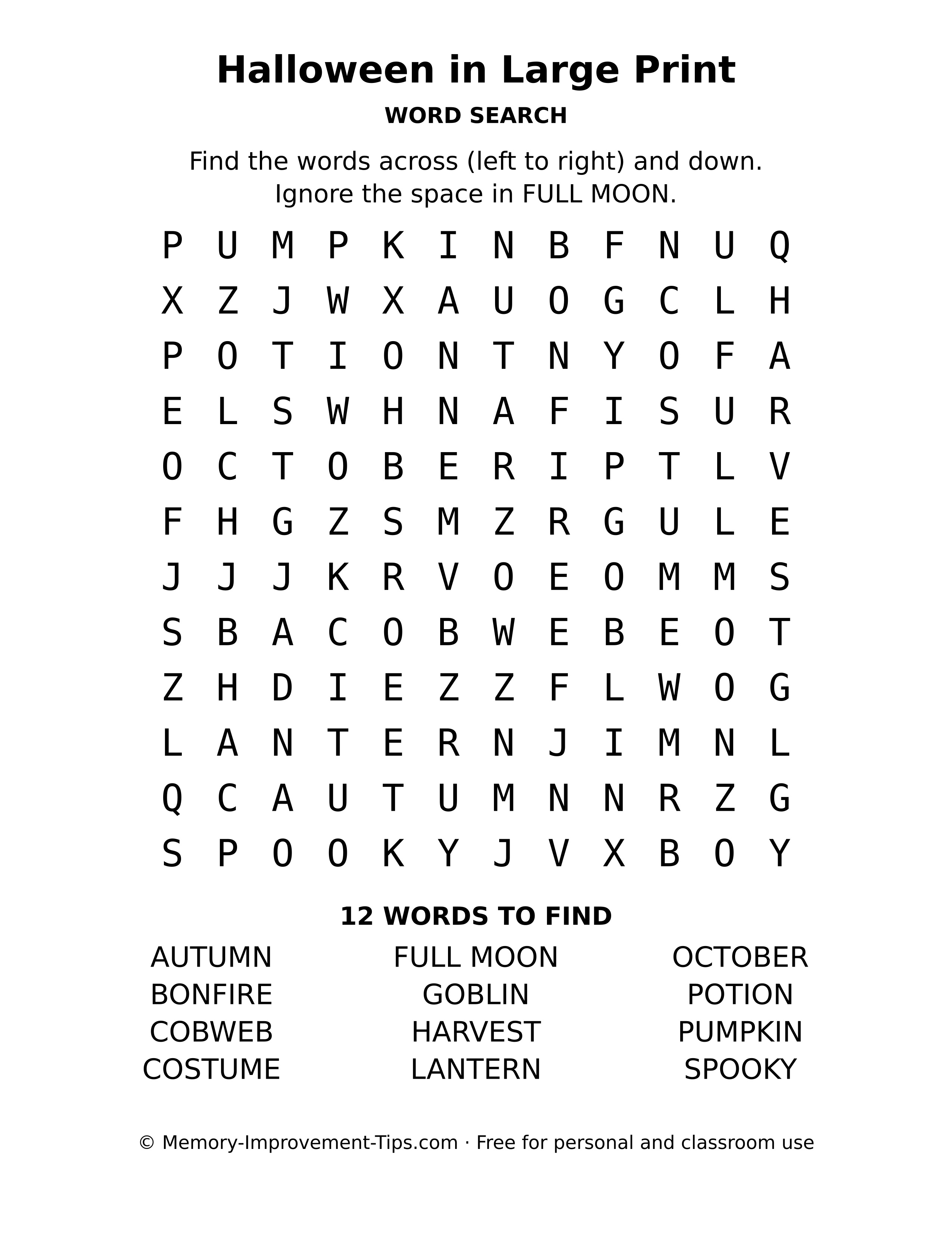 Halloween in Large Print word search printable puzzle