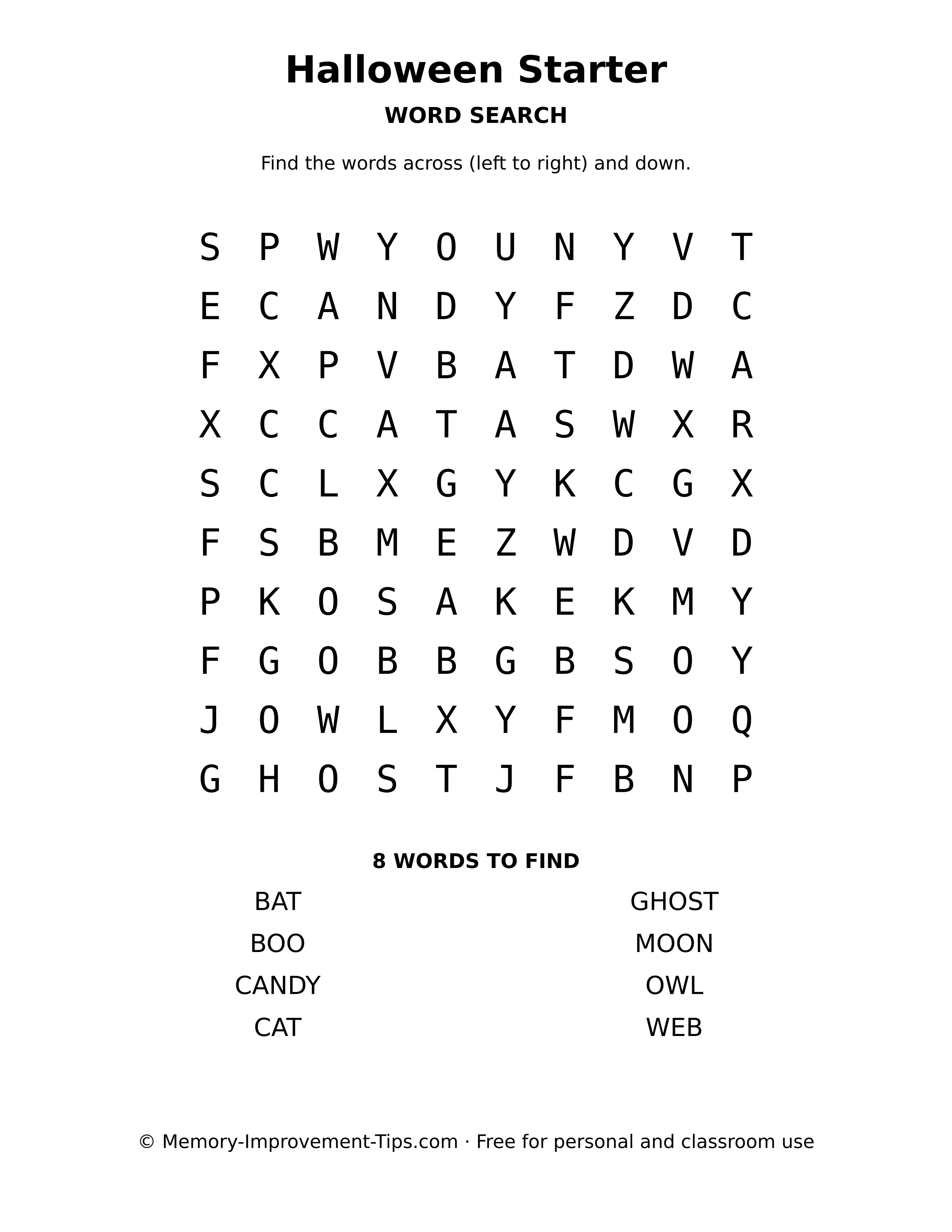 Halloween Starter word search printable puzzle