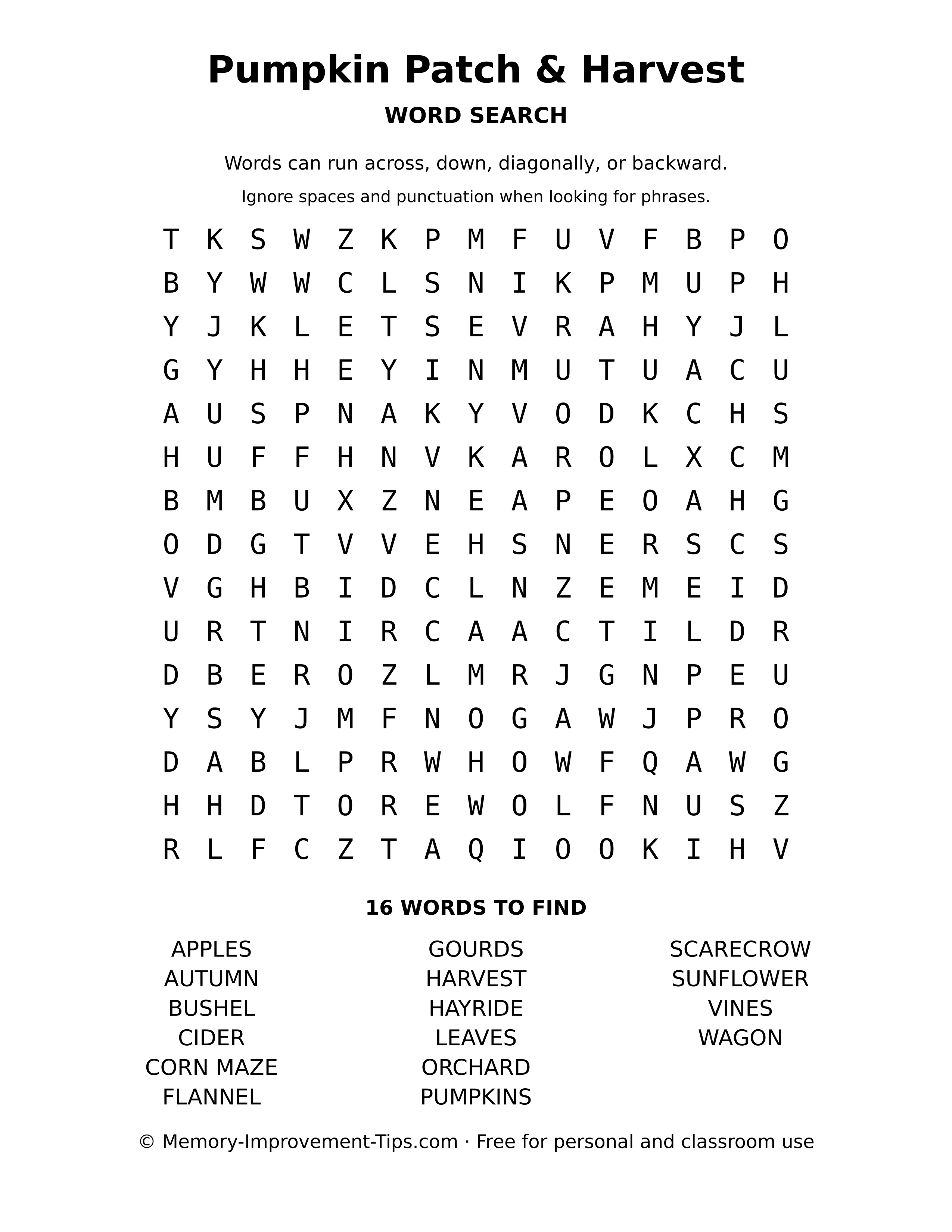 Pumpkin Patch & Harvest word search printable puzzle