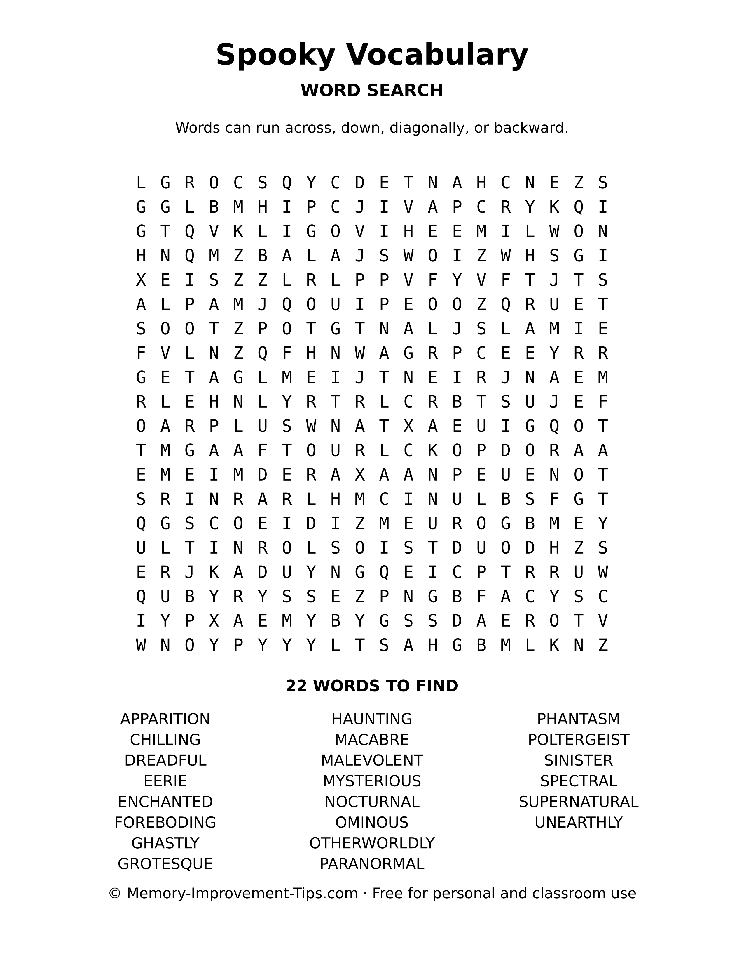 Spooky Vocabulary word search printable puzzle