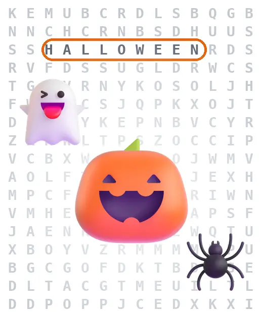Halloween word search with a pumpkin, ghost, and spider