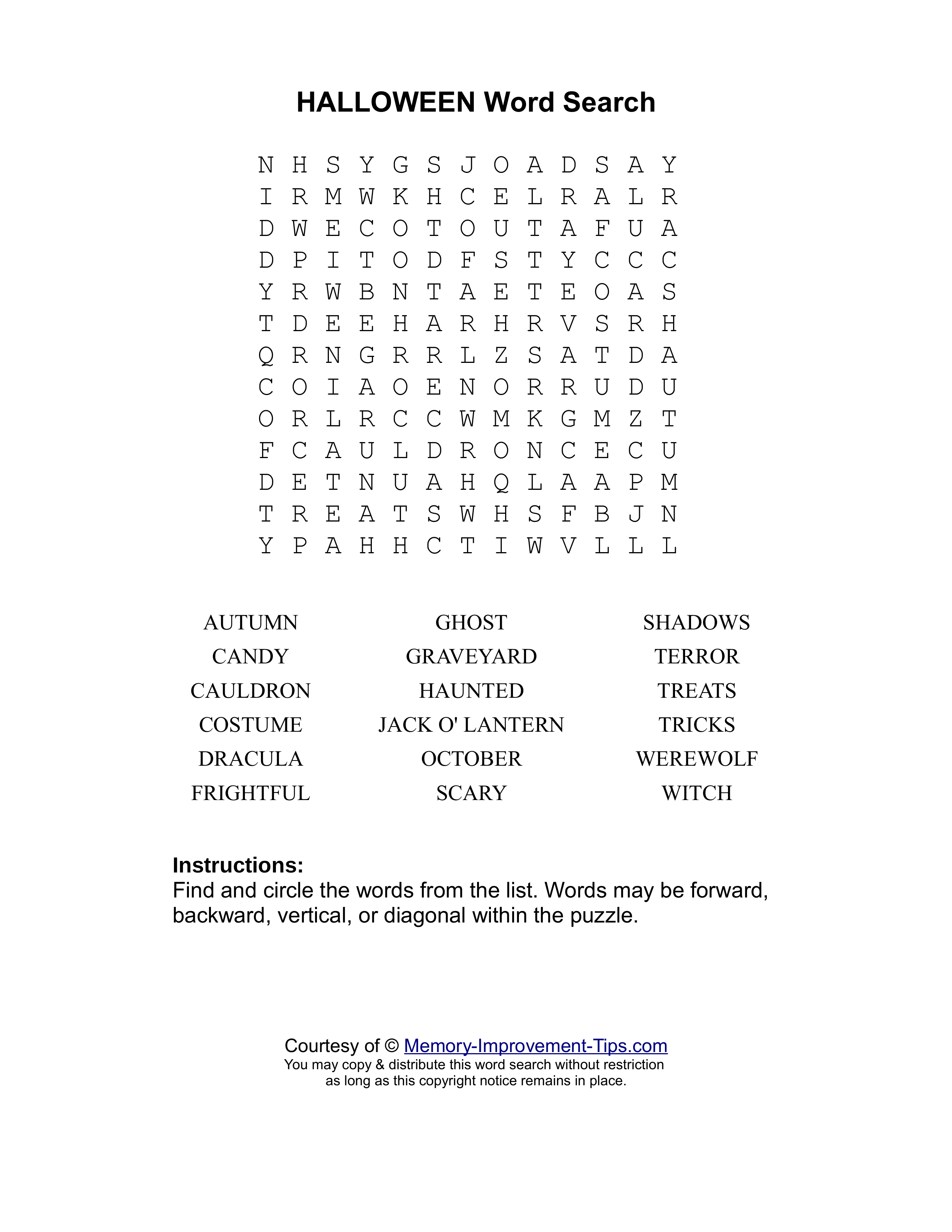 Halloween word search printable puzzle