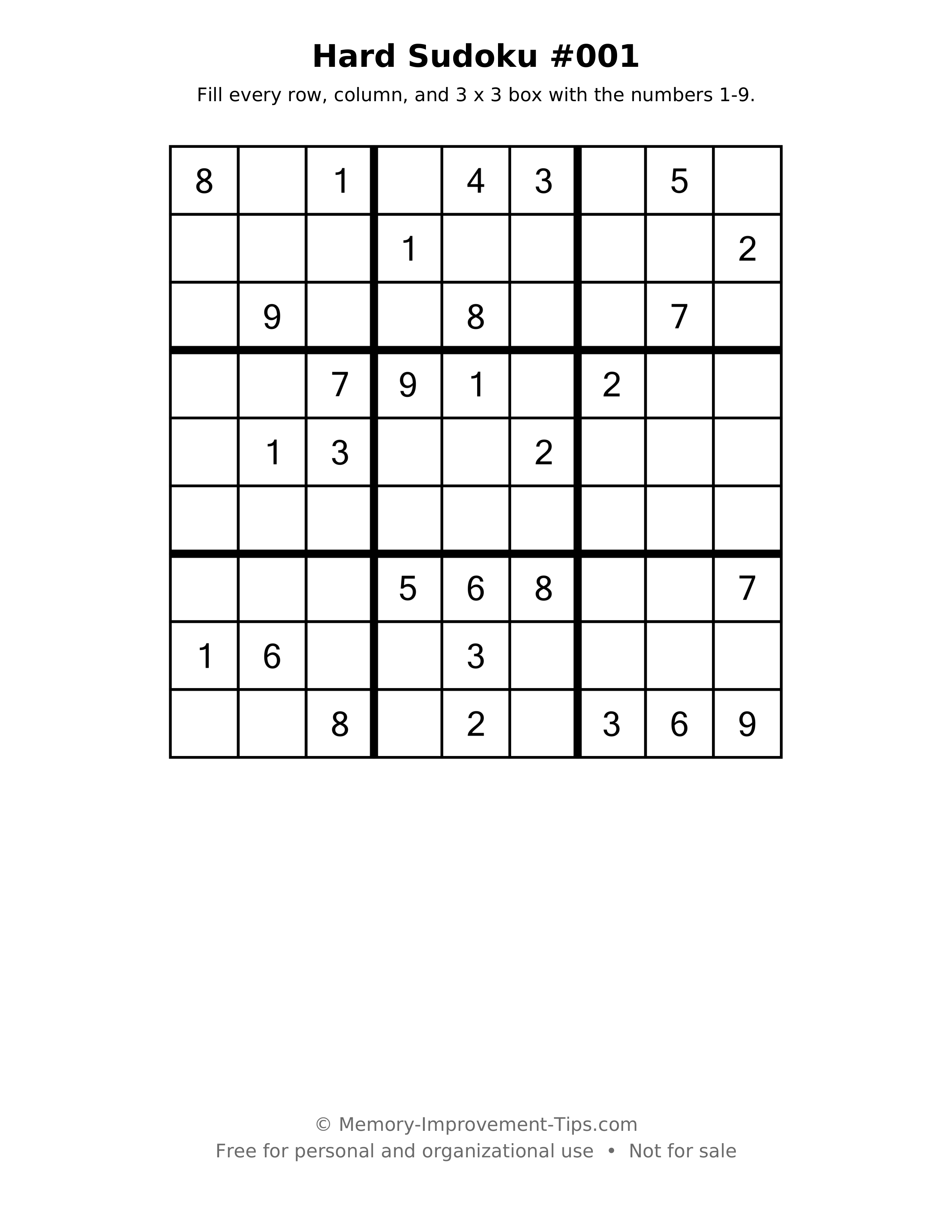 Printable puzzle: Hard Sudoku #001