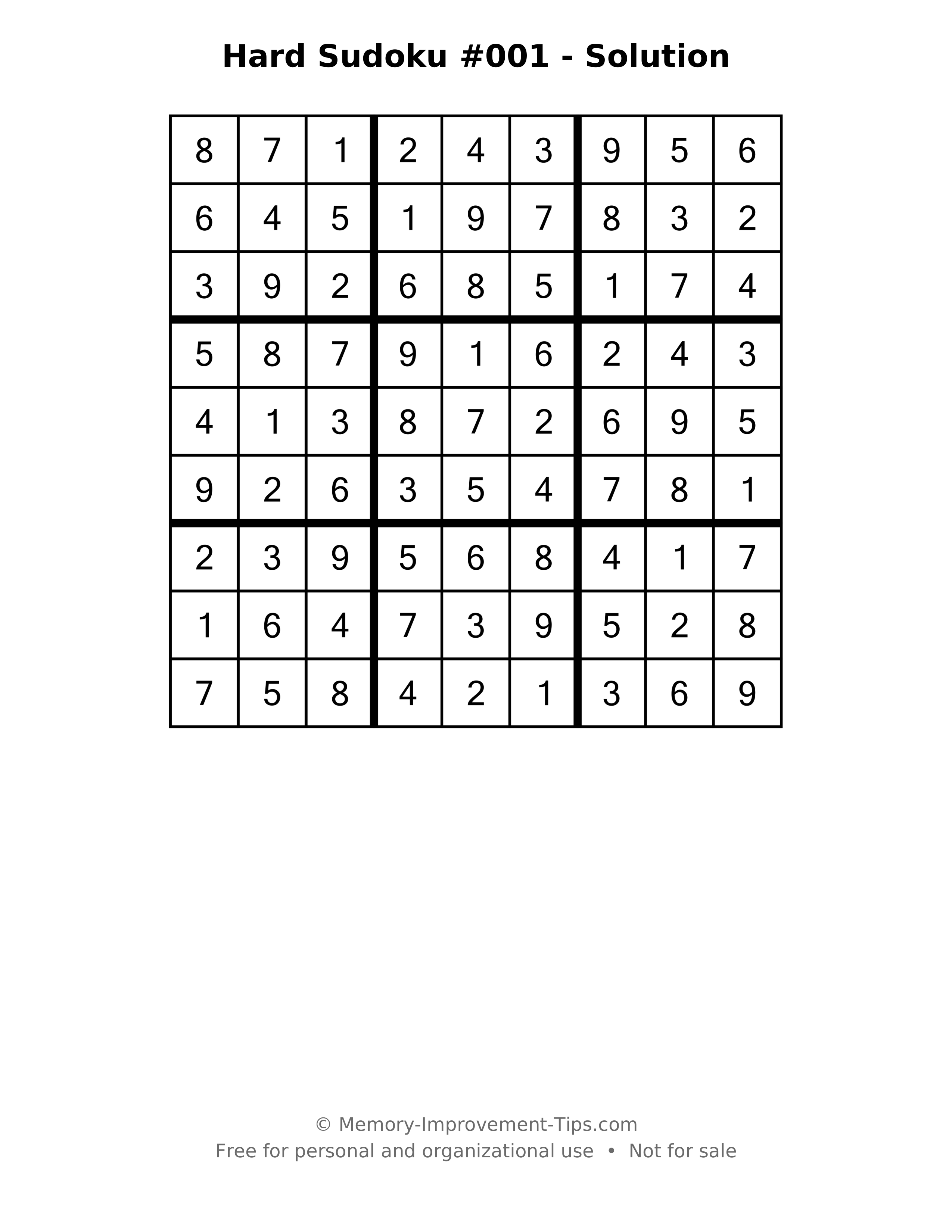 Printable solution: Hard Sudoku #001 - Solution