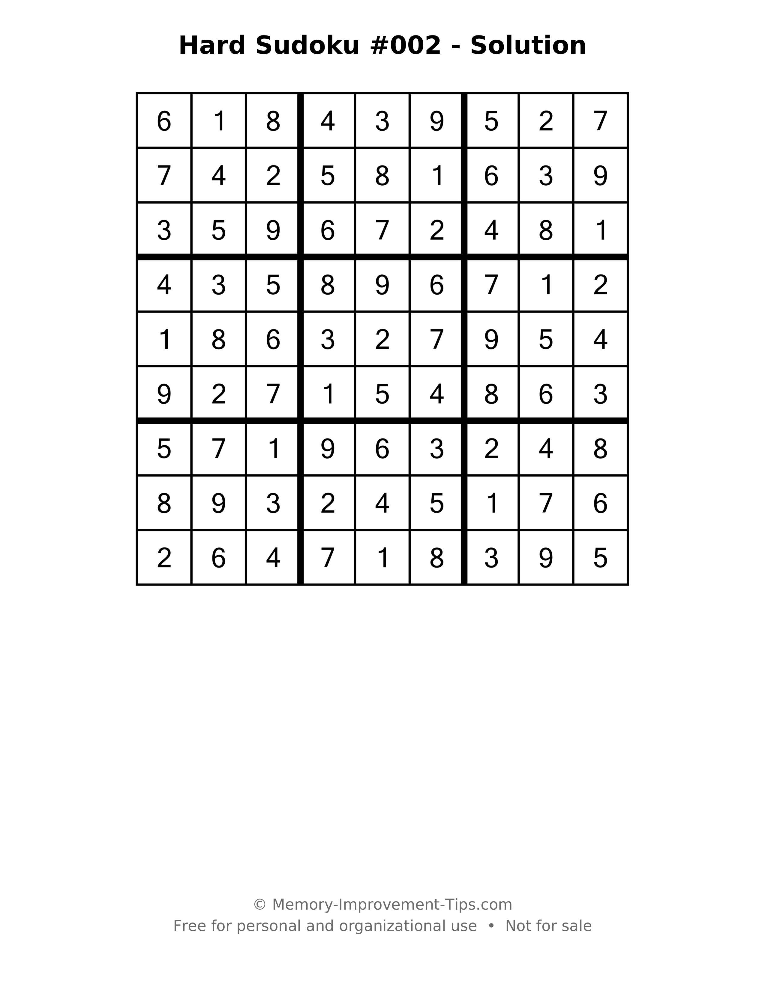 Printable solution: Hard Sudoku #002 - Solution