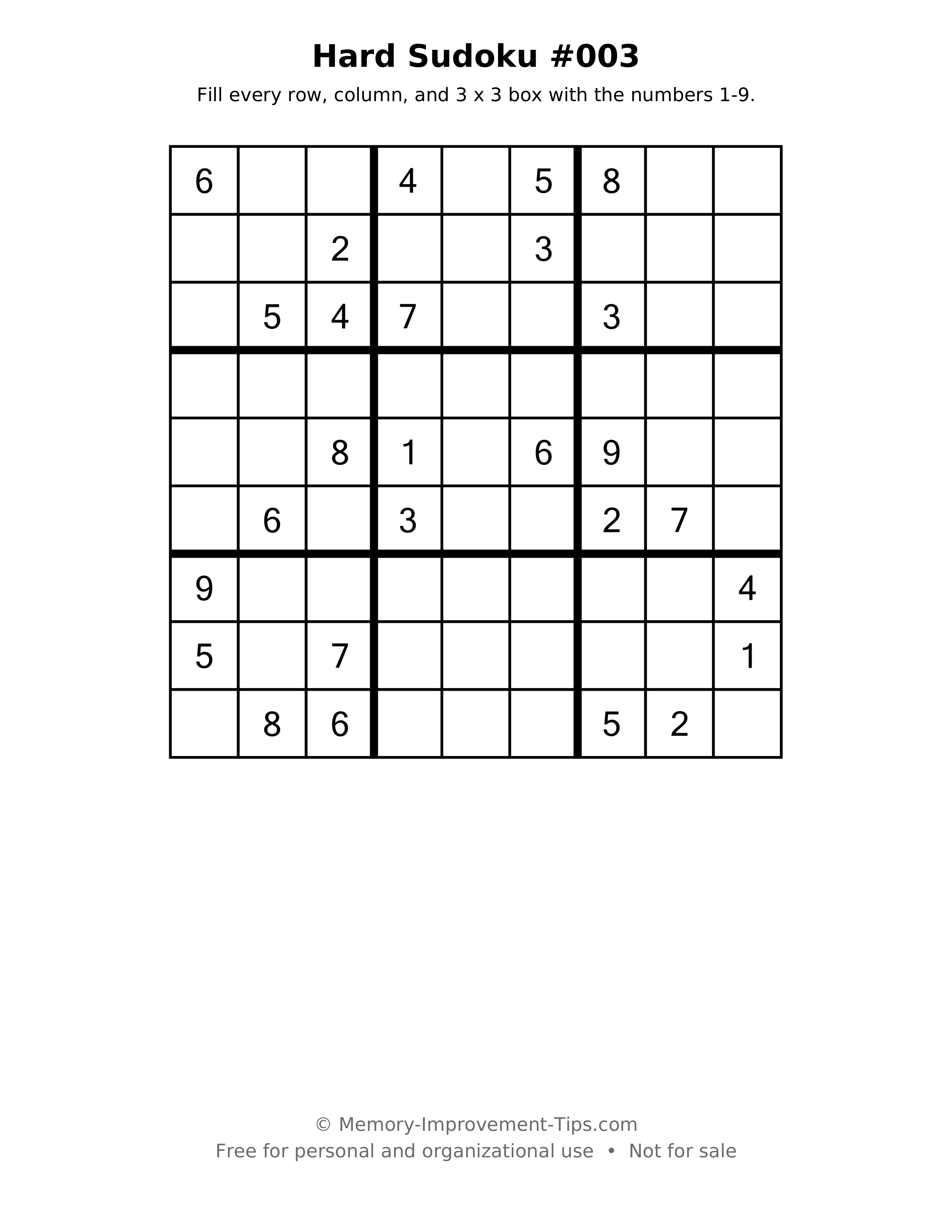 Printable puzzle: Hard Sudoku #003
