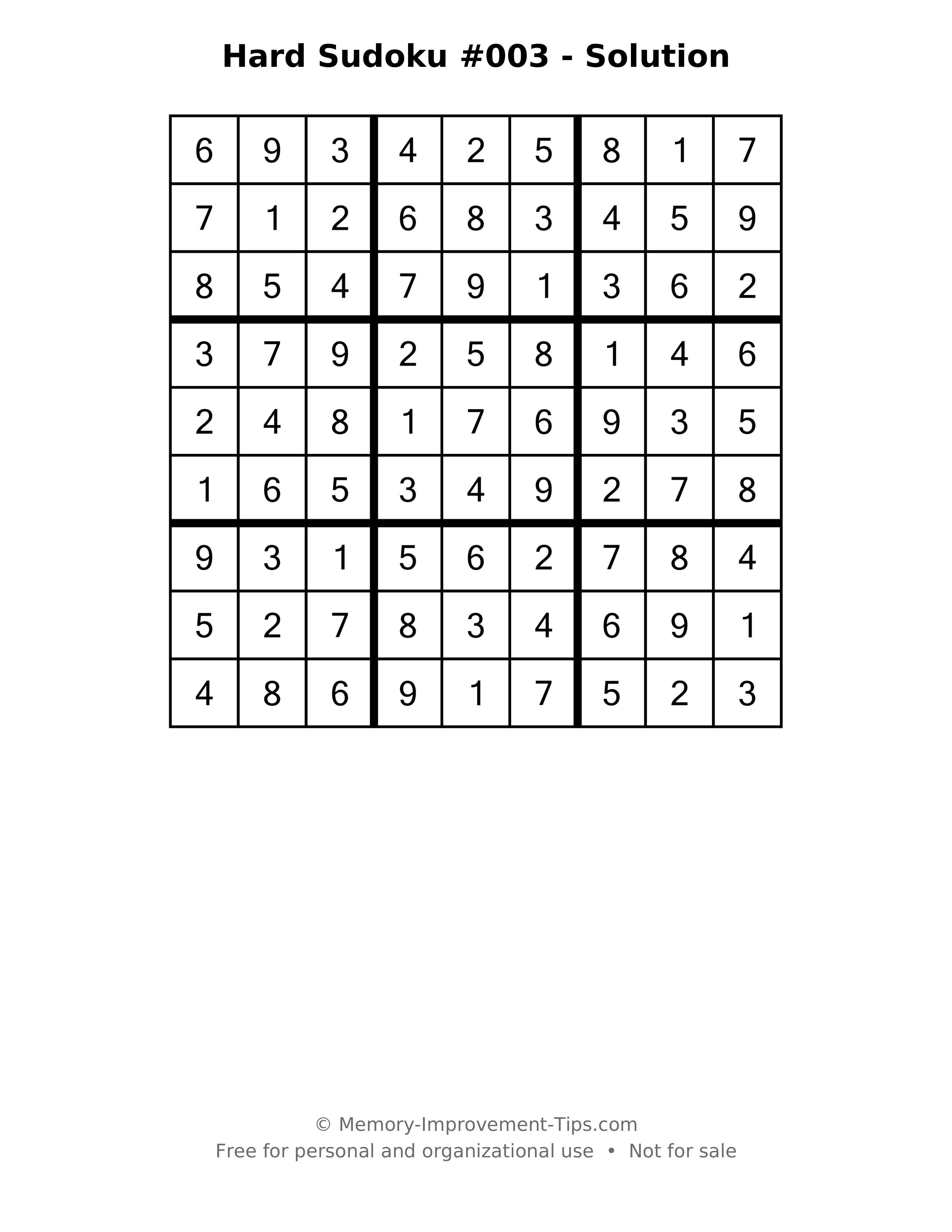 Printable solution: Hard Sudoku #003 - Solution