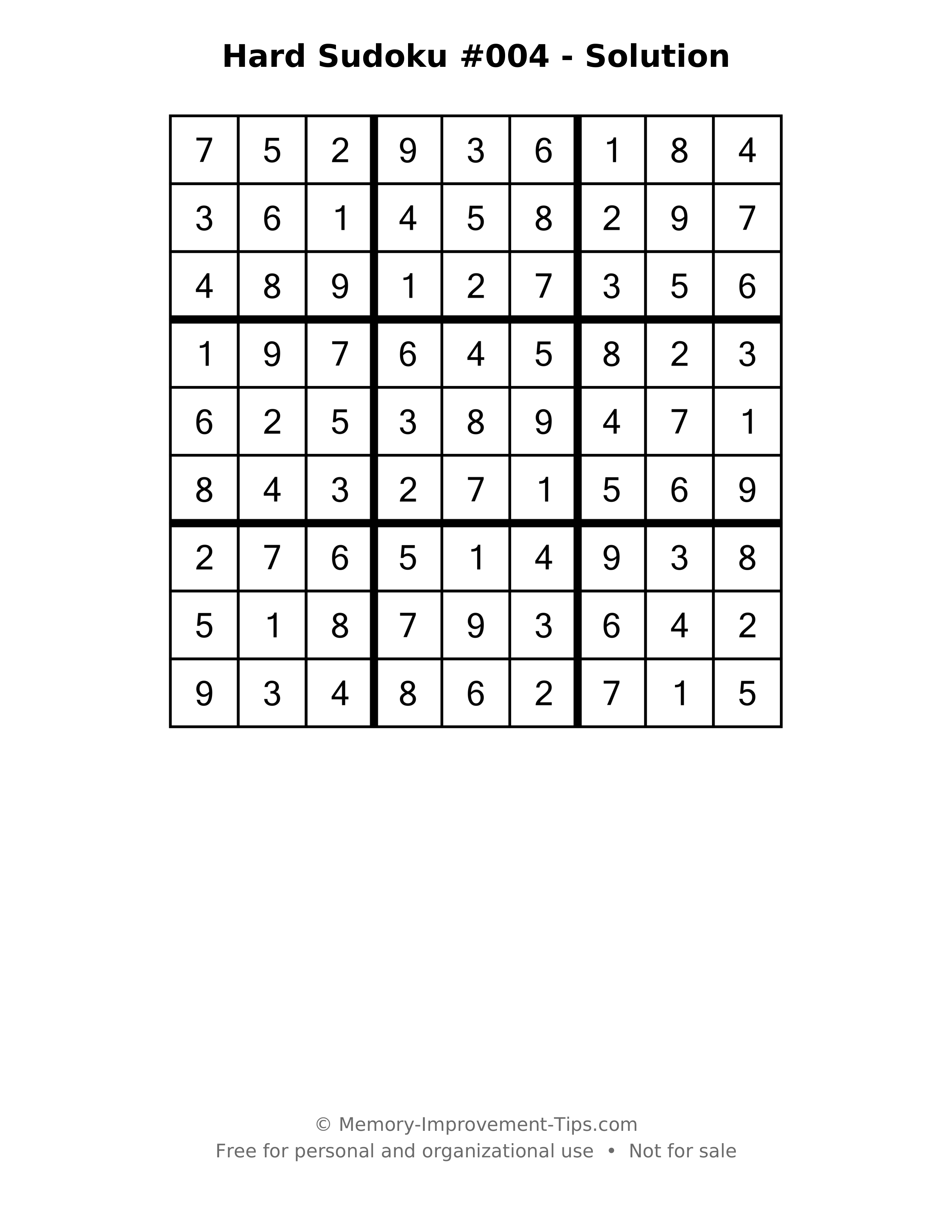 Printable solution: Hard Sudoku #004 - Solution