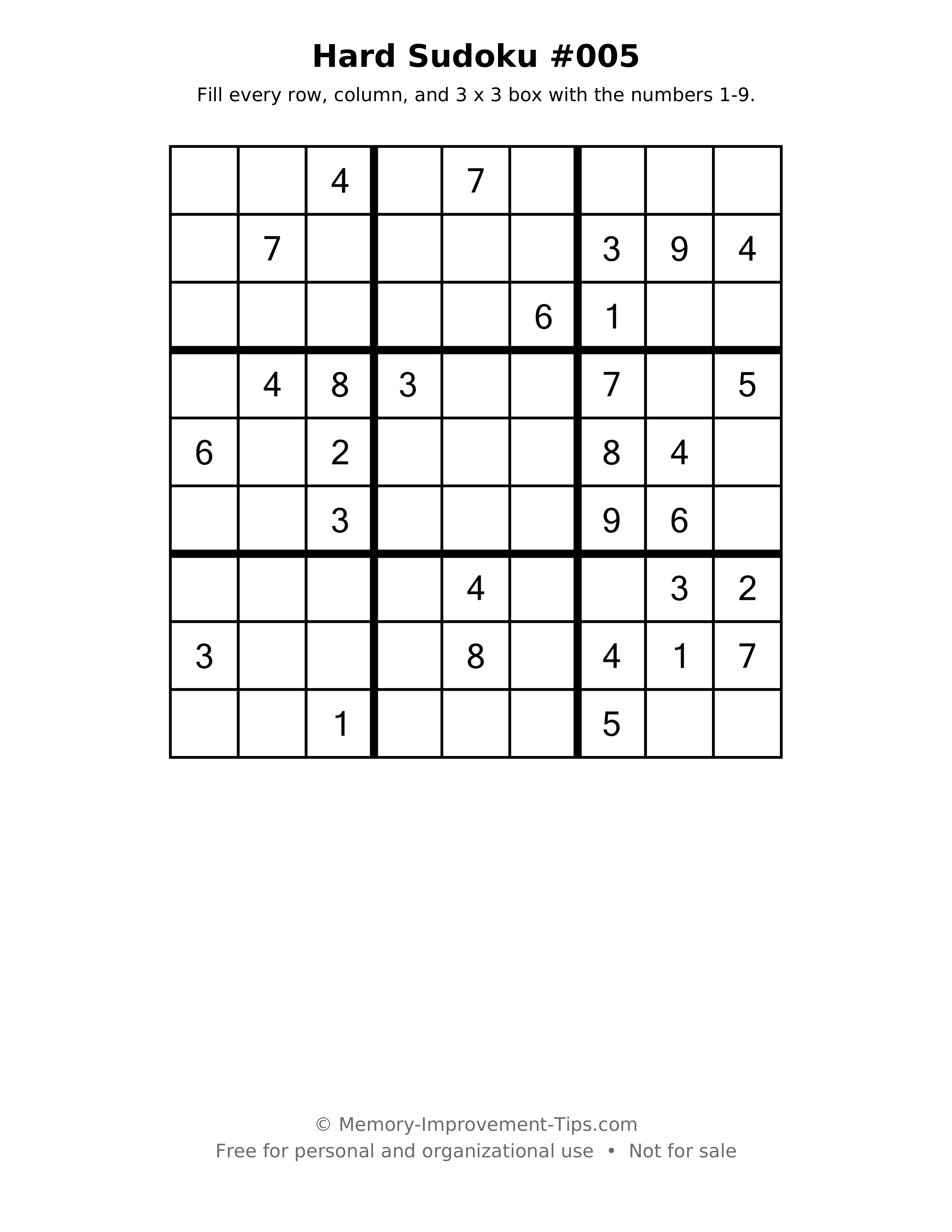 Printable puzzle: Hard Sudoku #005
