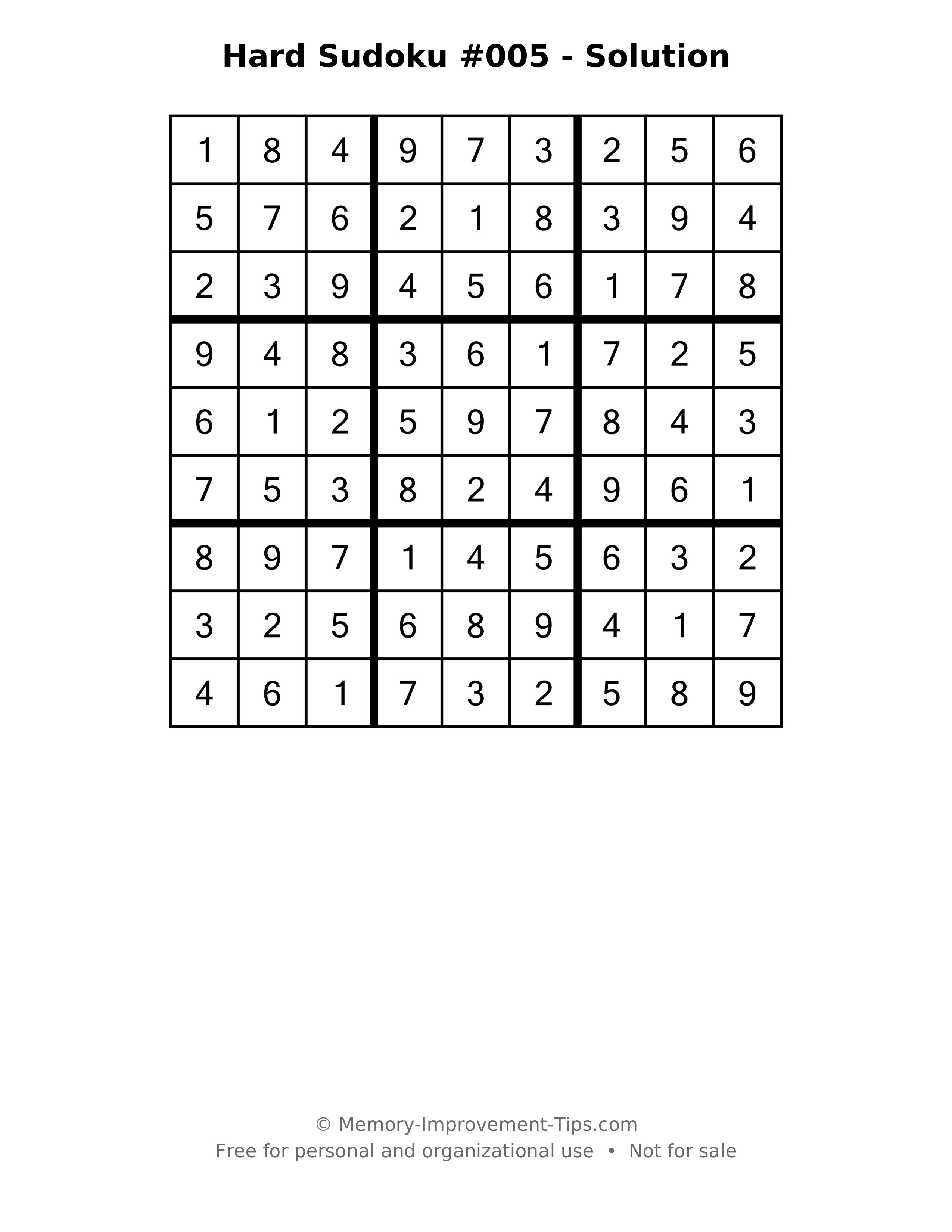 Printable solution: Hard Sudoku #005 - Solution