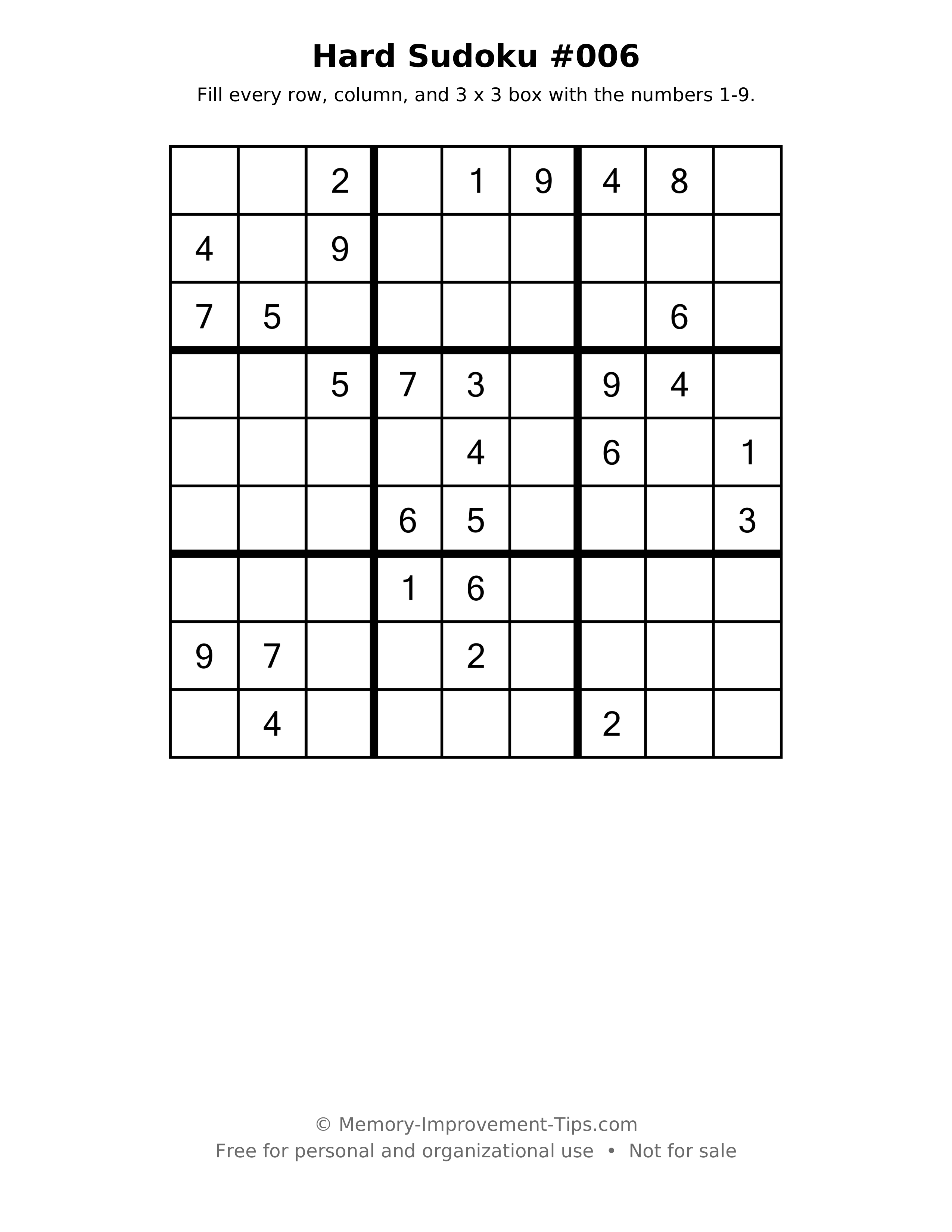 Printable puzzle: Hard Sudoku #006
