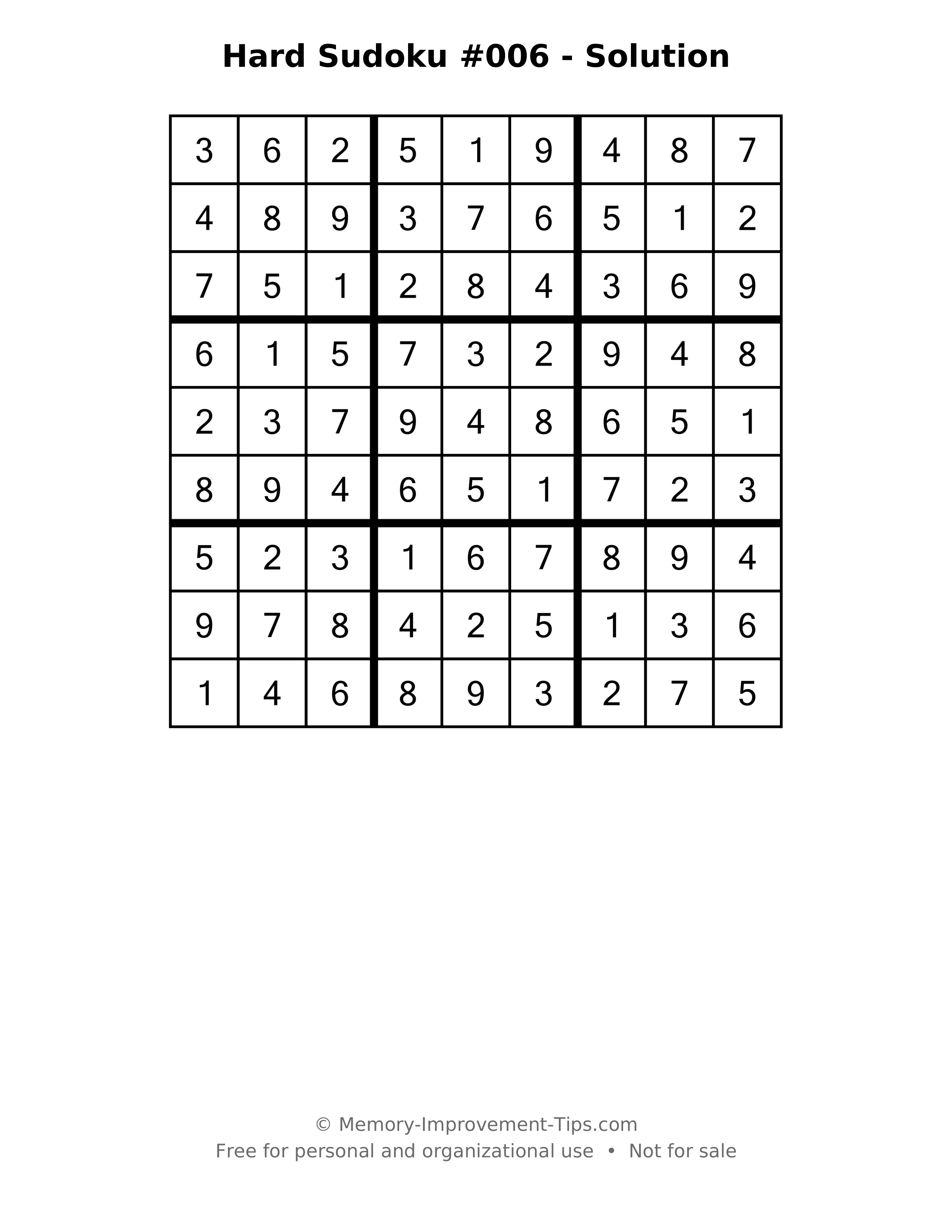 Printable solution: Hard Sudoku #006 - Solution