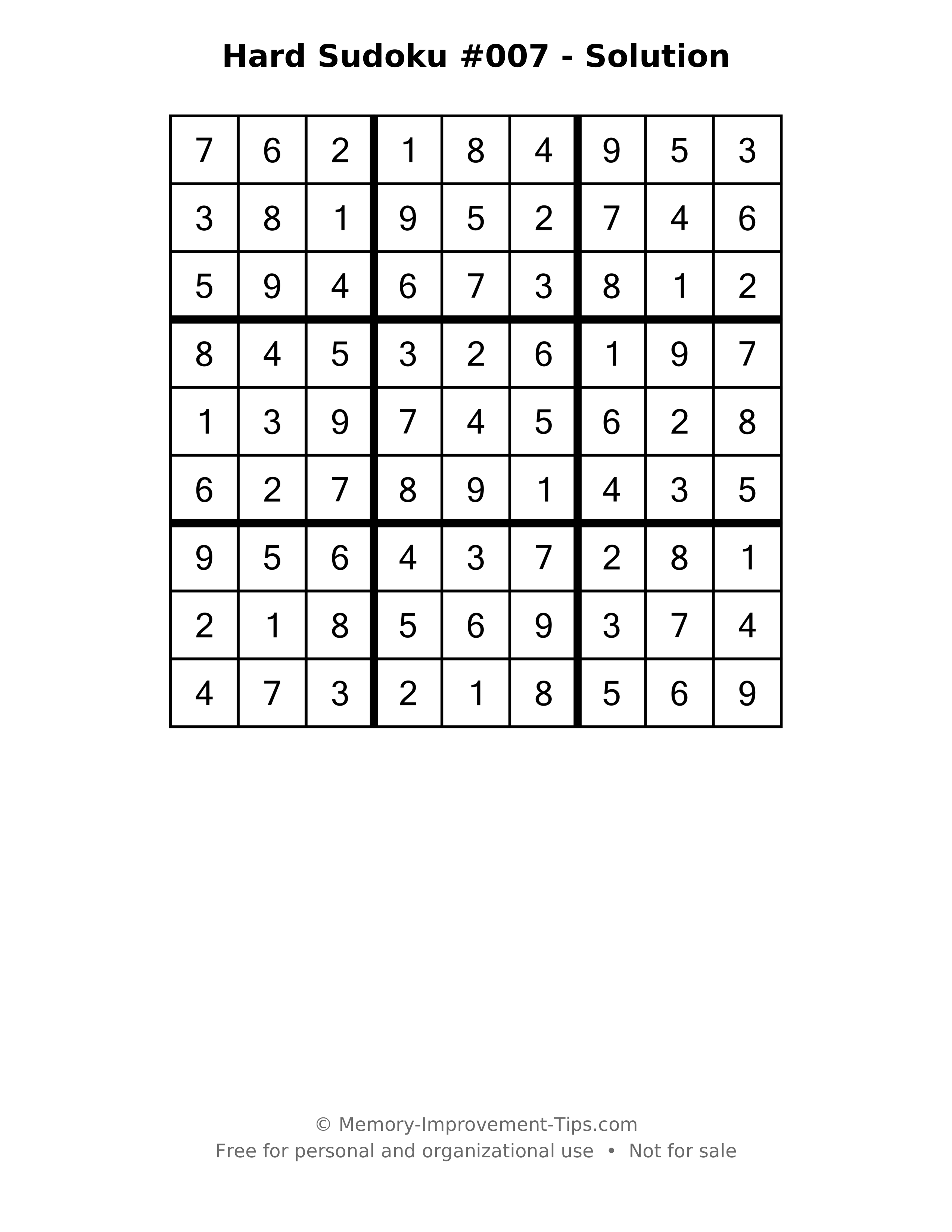 Printable solution: Hard Sudoku #007 - Solution