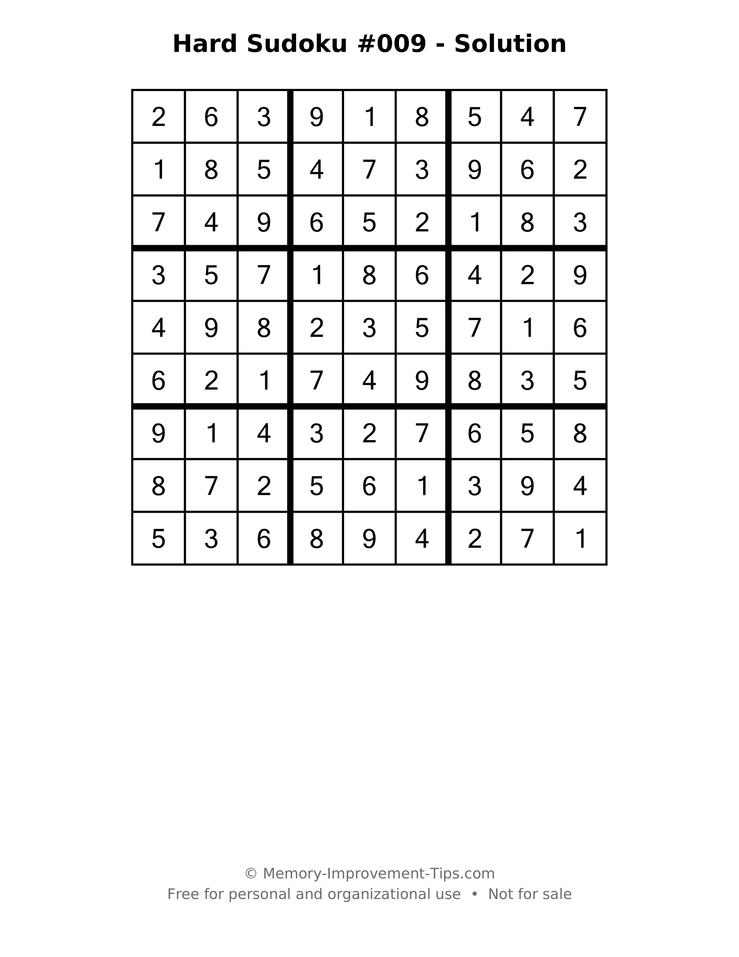 Printable solution: Hard Sudoku #009 - Solution