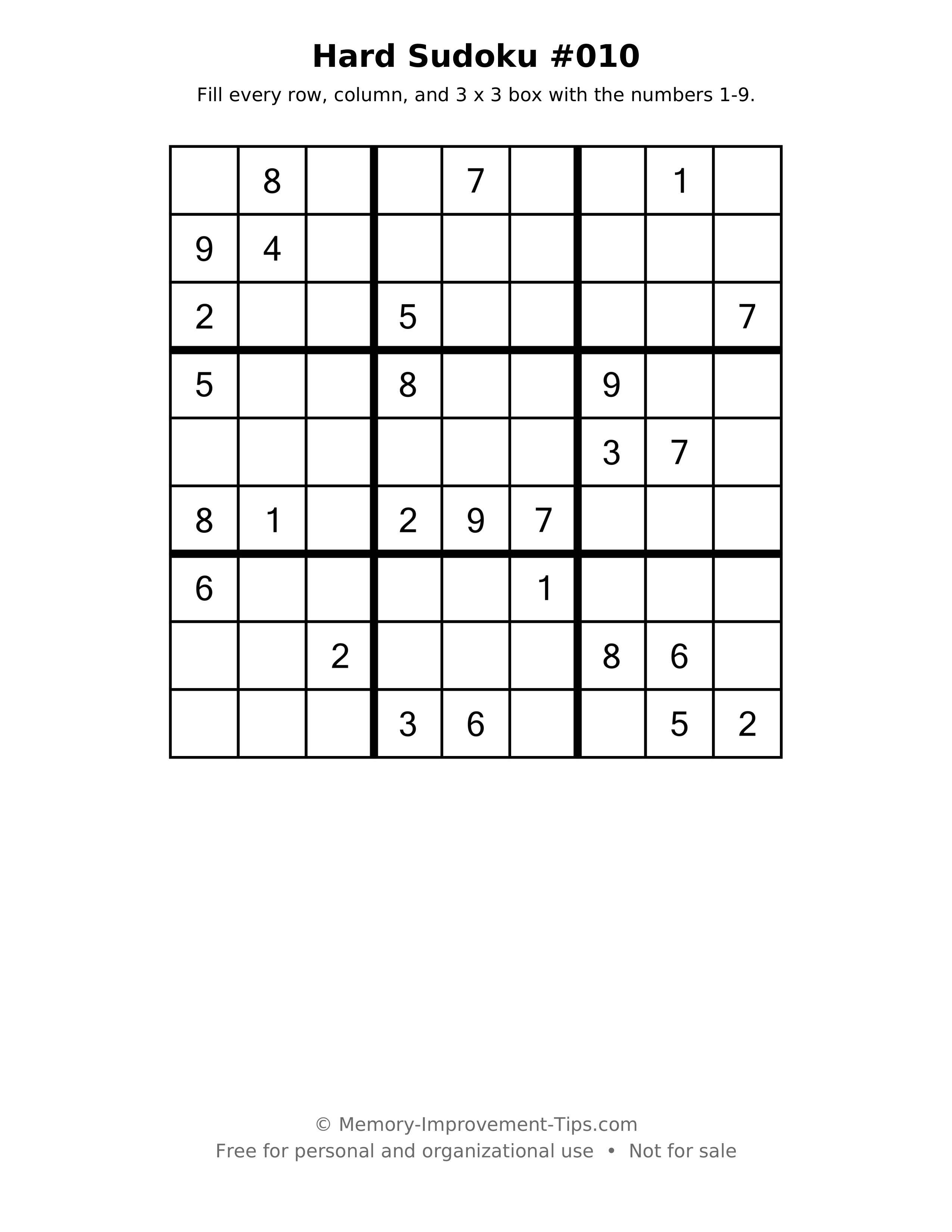 Printable puzzle: Hard Sudoku #010