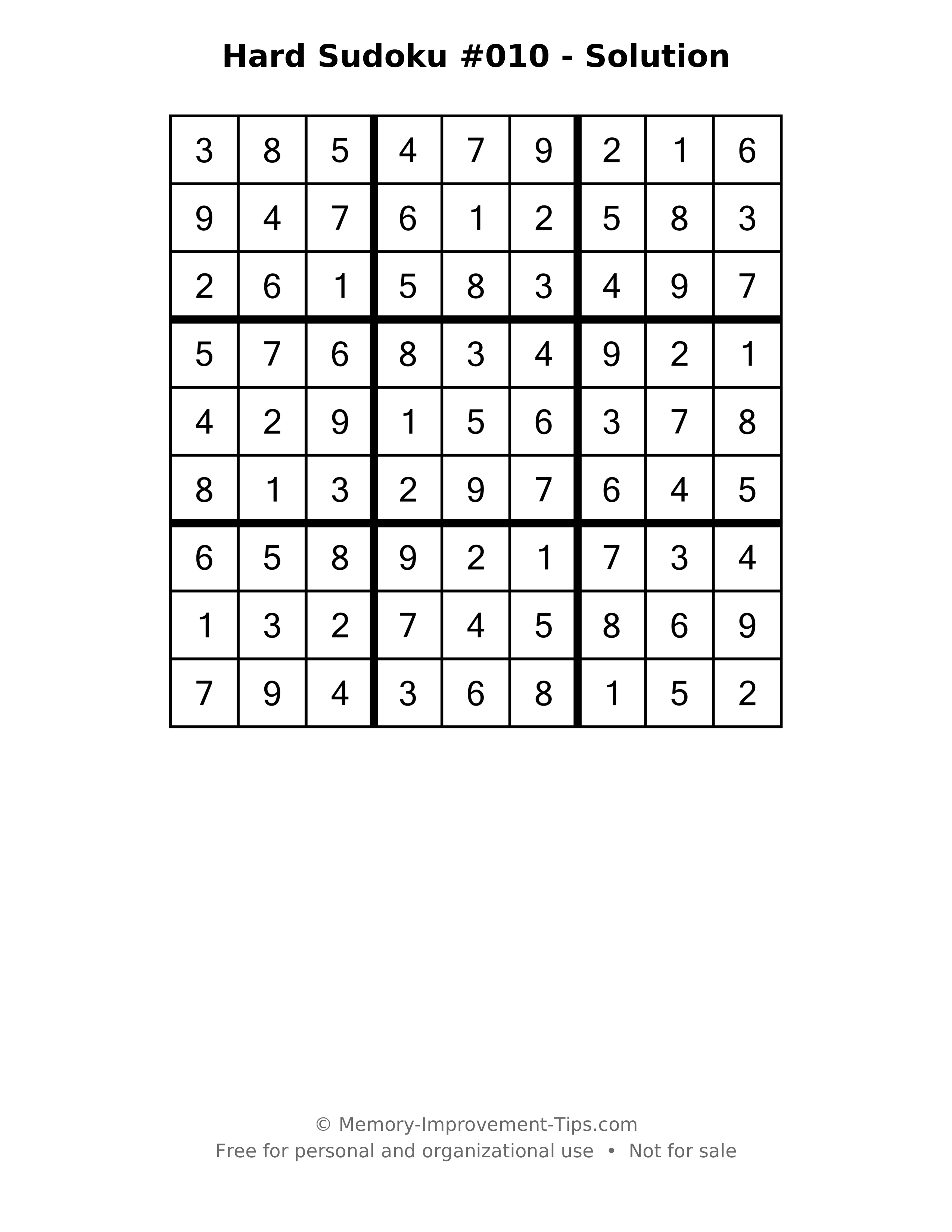 Printable solution: Hard Sudoku #010 - Solution