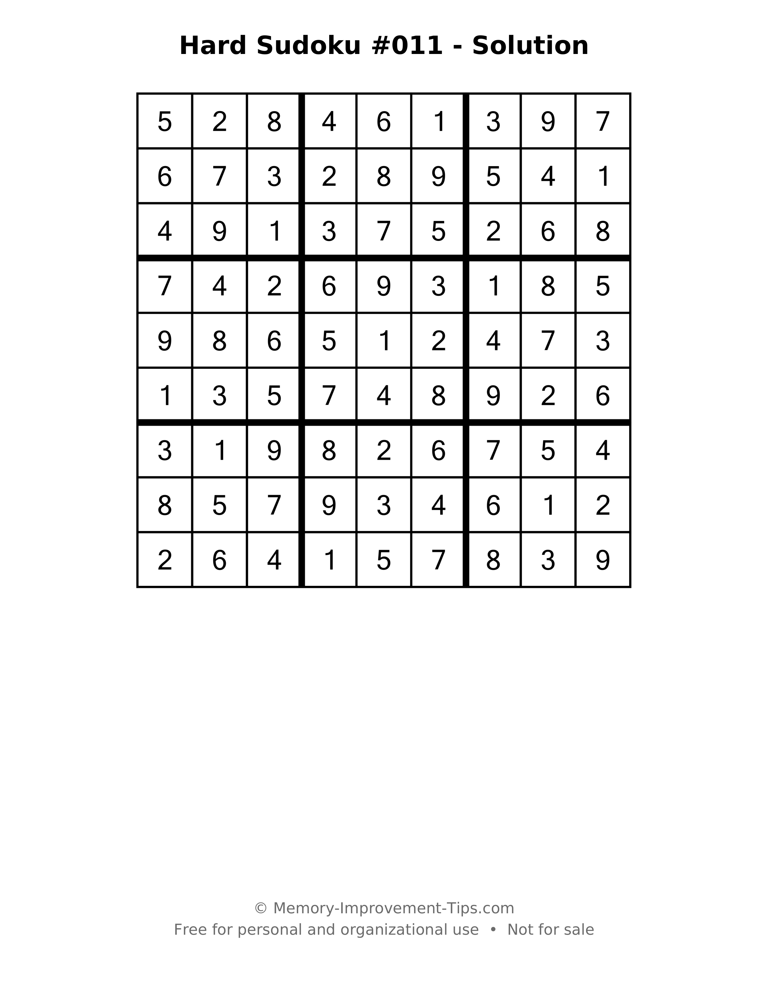 Printable solution: Hard Sudoku #011 - Solution